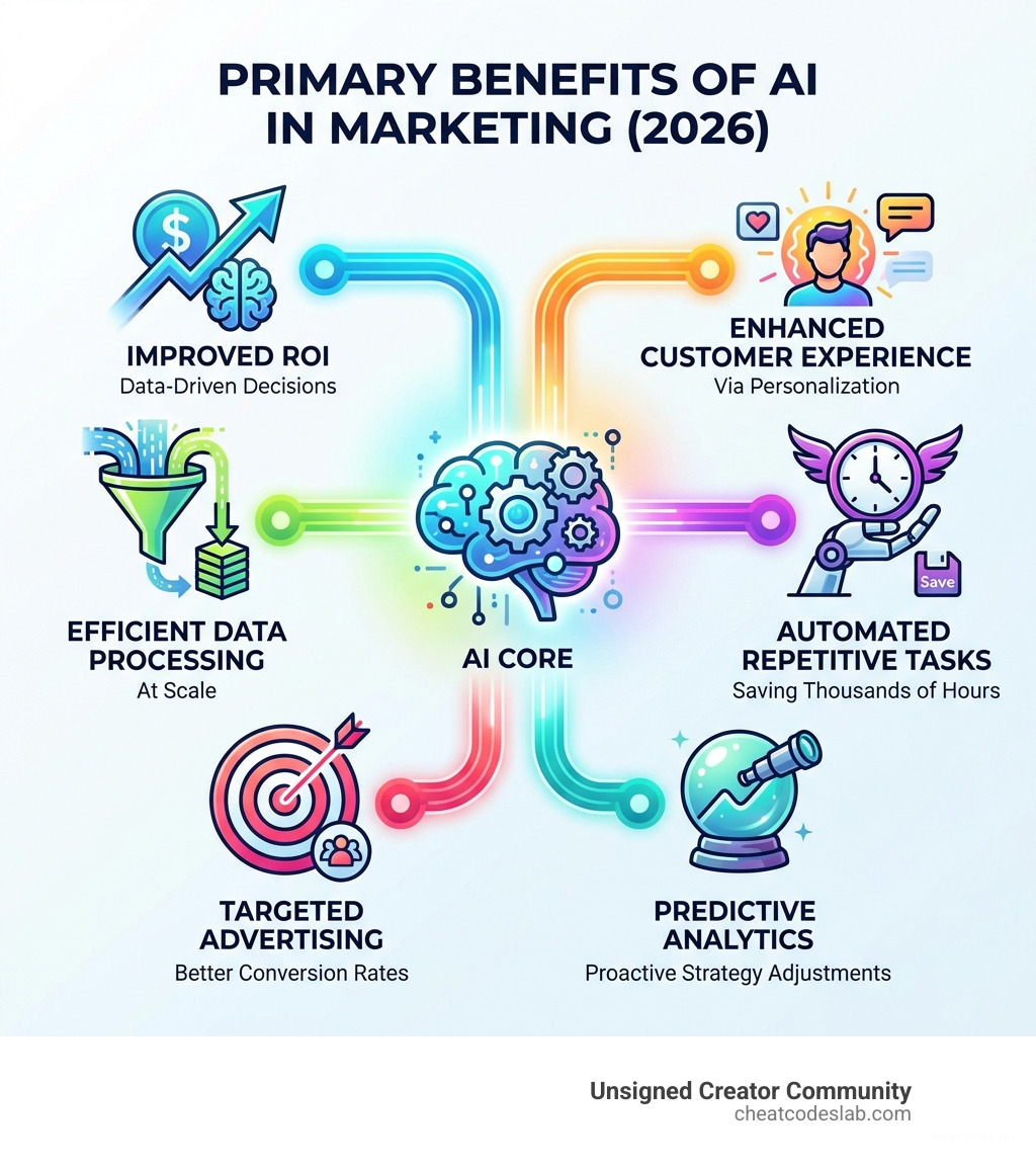 Infographic showing the primary benefits of AI in marketing: improved ROI through data-driven decisions, enhanced customer experience via personalization, efficient data processing at scale, automated repetitive tasks saving thousands of hours, targeted advertising with better conversion rates, and predictive analytics for proactive strategy adjustments - AI tools for online marketing infographic 