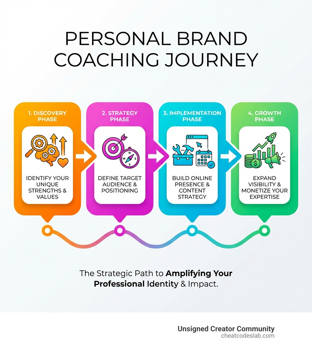 Infographic showing the personal brand coaching journey: Discovery phase identifying your unique strengths and values, Strategy phase defining your target audience and positioning, Implementation phase building your online presence and content strategy, and Growth phase expanding visibility and monetizing your expertise - Personal brand coaching infographic Infographic showing the personal brand coaching journey: Discovery phase identifying your unique strengths and values, Strategy phase defining your target audience and positioning, Implementation phase building your online presence and content strategy, and Growth phase expanding visibility and monetizing your expertise - Personal brand coaching infographic