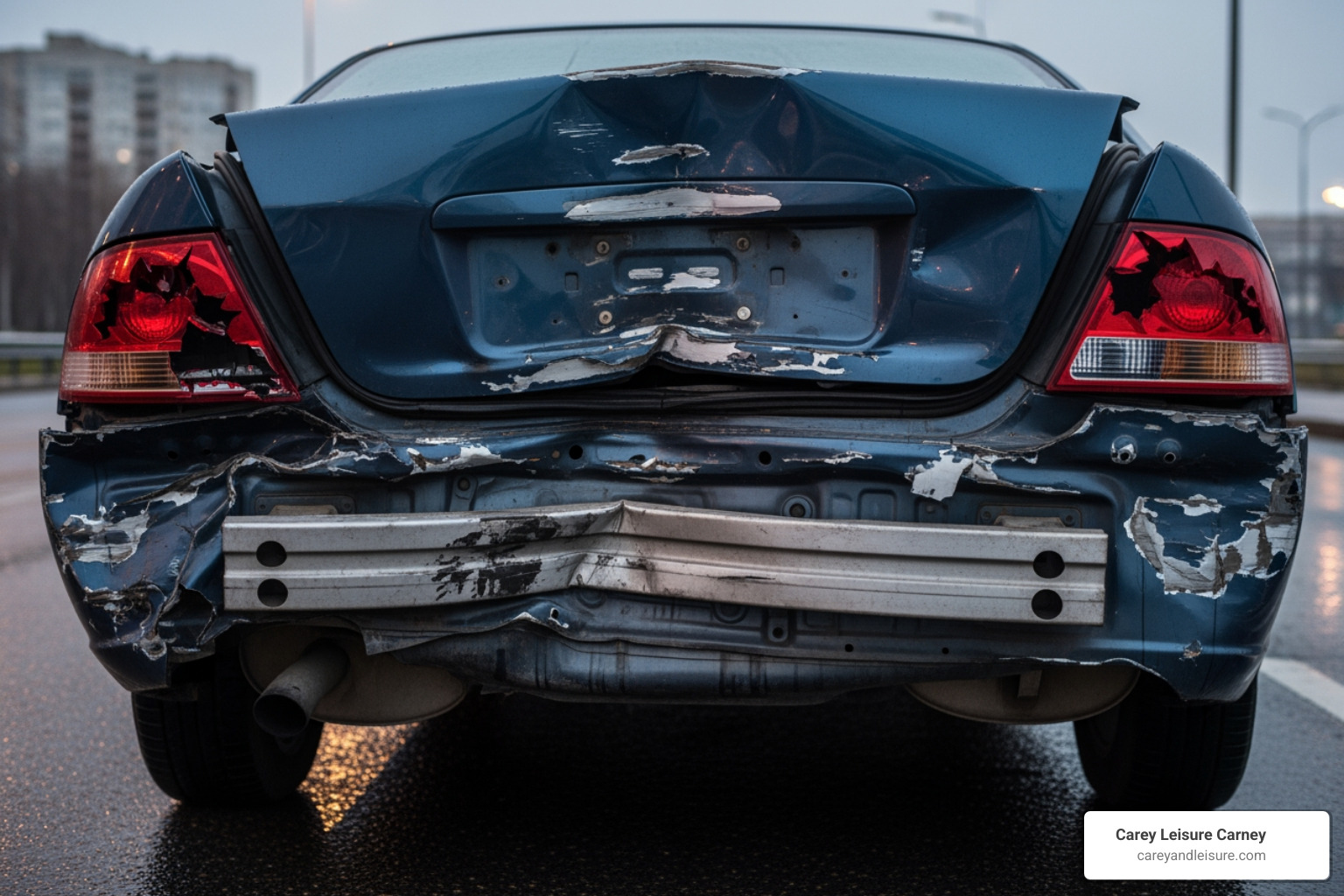 a car's crumpled rear bumper and trunk - Rear end accident