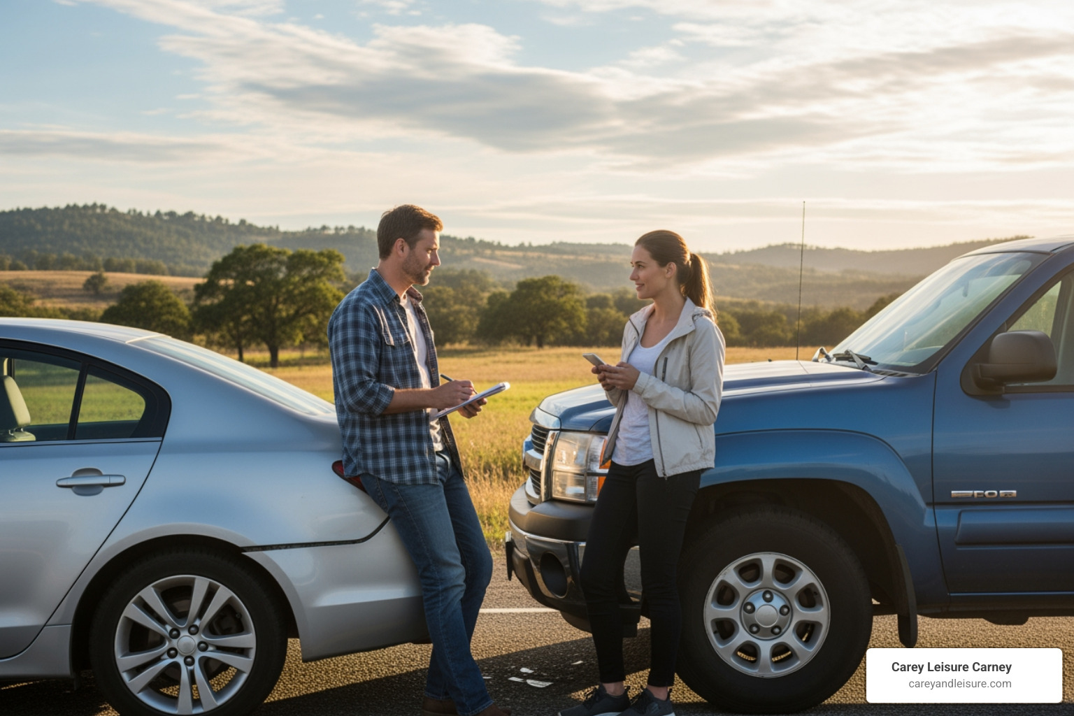 two drivers exchanging information on the side of the road - Rear end accident