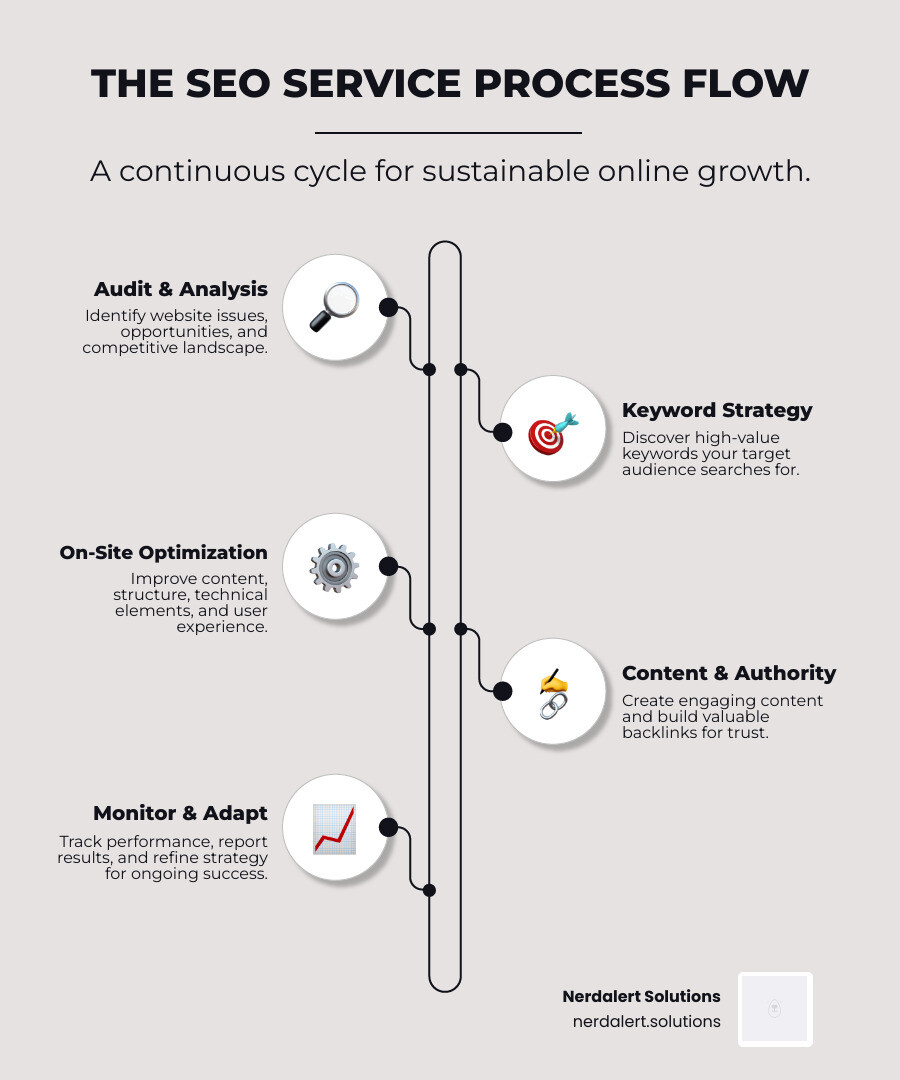 Infographic showing the SEO service process flow: SEO Audit identifies issues → Keyword Research finds opportunities → Strategy Development creates custom plan → On-Site Optimization improves website → Content Creation & Link Building drives authority → Monthly Reporting tracks progress → Ongoing Management adapts strategy, with arrows showing the cycle repeating for continuous improvement and growth - search engine optimization services infographic infographic-line-5-steps-elegant_beige