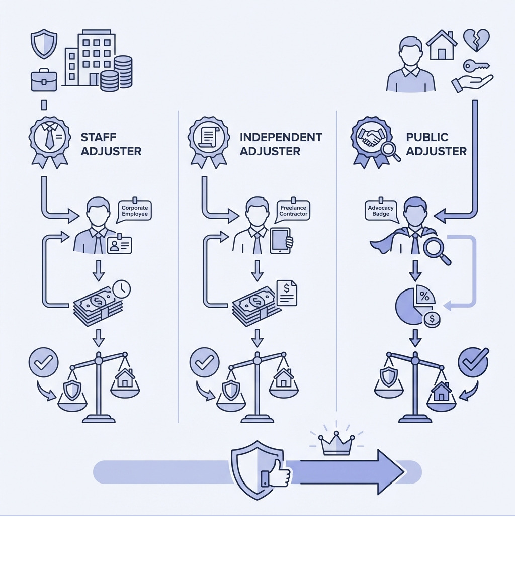 Infographic showing three types of insurance adjusters: Staff Adjuster (works directly for insurance company, salary paid by insurer, represents company interests), Independent Adjuster (hired by insurance company as contractor, paid by insurer per claim, represents company interests), and Public Adjuster (hired by property owner, paid percentage of settlement by policyholder, represents policyholder interests exclusively). The public adjuster is the only one working for you. - public adjuster pros and cons infographic Infographic showing three types of insurance adjusters: Staff Adjuster (works directly for insurance company, salary paid by insurer, represents company interests), Independent Adjuster (hired by insurance company as contractor, paid by insurer per claim, represents company interests), and Public Adjuster (hired by property owner, paid percentage of settlement by policyholder, represents policyholder interests exclusively). The public adjuster is the only one working for you. - public adjuster pros and cons infographic