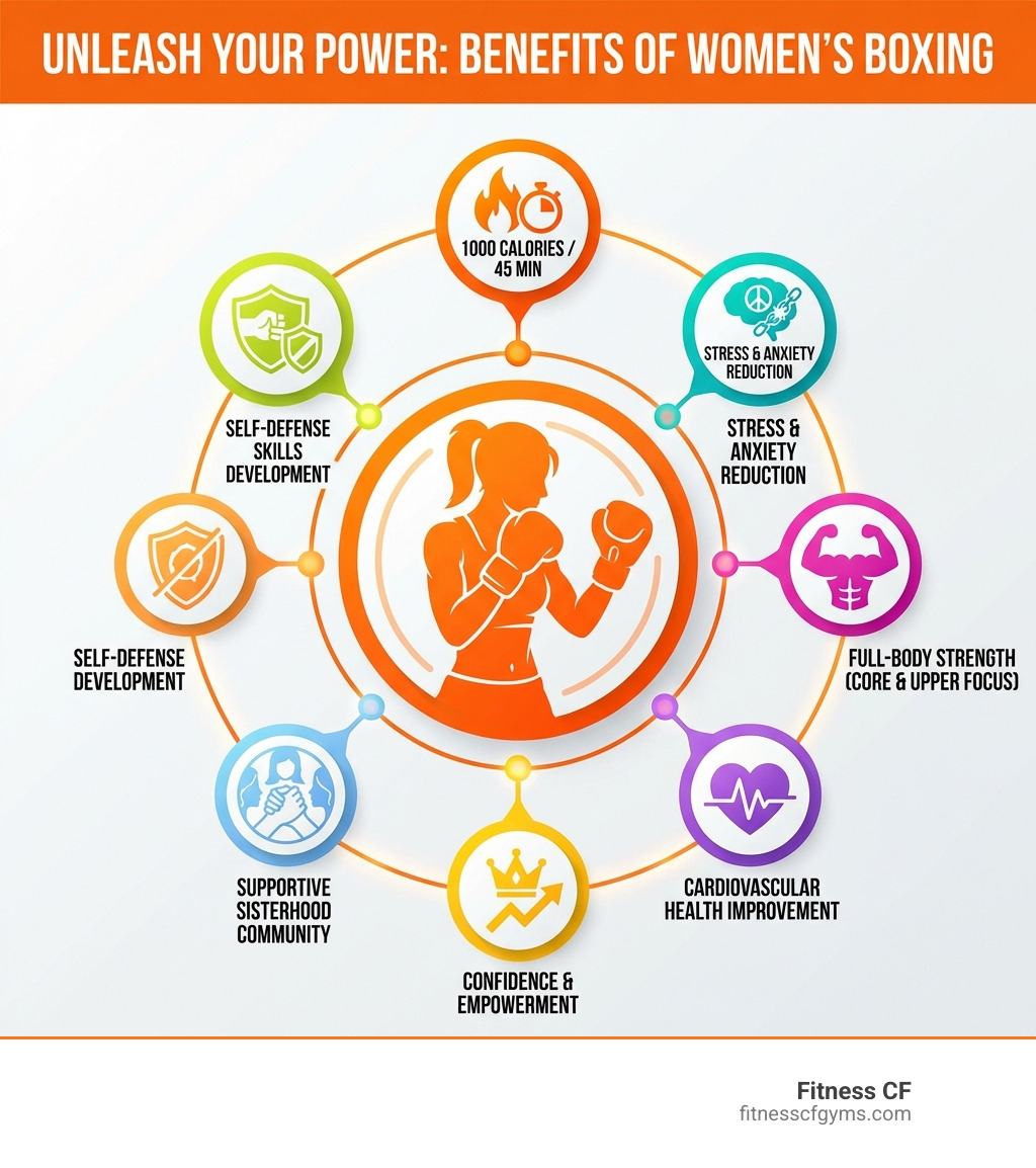 infographic showing benefits of women's boxing including 1000 calories burned per 45-minute session, stress reduction and anxiety management, full-body strength training with focus on core and upper body, cardiovascular health improvement, confidence and empowerment building, supportive sisterhood community, and self-defense skills development - all female boxing gym infographic infographic showing benefits of women's boxing including 1000 calories burned per 45-minute session, stress reduction and anxiety management, full-body strength training with focus on core and upper body, cardiovascular health improvement, confidence and empowerment building, supportive sisterhood community, and self-defense skills development - all female boxing gym infographic