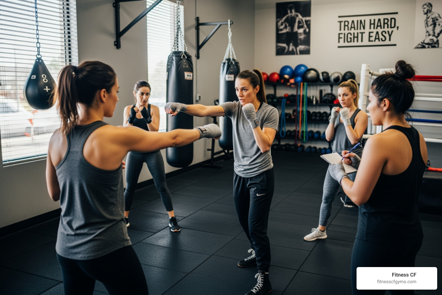 of a female coach teaching a small group proper punch technique - all female boxing gym of a female coach teaching a small group proper punch technique - all female boxing gym