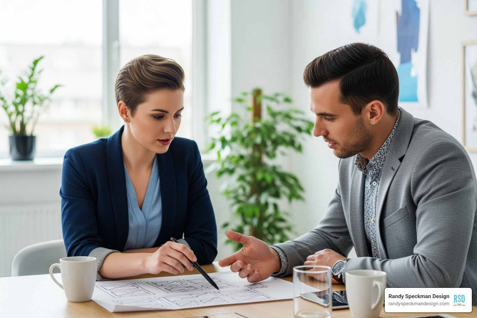 designer collaborating with a client over a wireframe sketch - business website designers