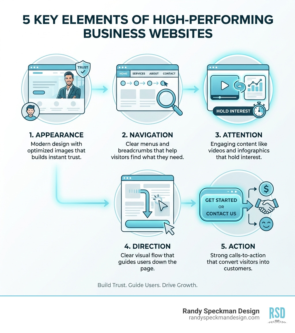 Infographic showing the 5 key elements of high-performing business websites: 1. Appearance - Modern design with optimized images that builds instant trust, 2. Navigation - Clear menus and breadcrumbs that help visitors find what they need, 3. Attention - Engaging content like videos and infographics that hold interest, 4. Direction - Clear visual flow that guides users down the page, 5. Action - Strong calls-to-action that convert visitors into customers - business website designers infographic 