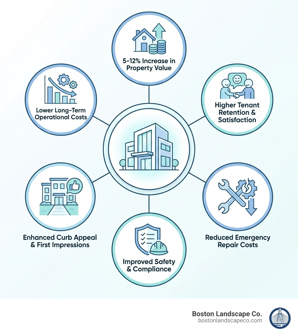 Infographic showing the core benefits of commercial property maintenance: a central icon of a commercial building surrounded by six connected benefits: 5-12% increase in property value, higher tenant retention and satisfaction, reduced emergency repair costs, improved safety and compliance, enhanced curb appeal and first impressions, and lower long-term operational costs through preventative care - Commercial Property Maintenance infographic 
