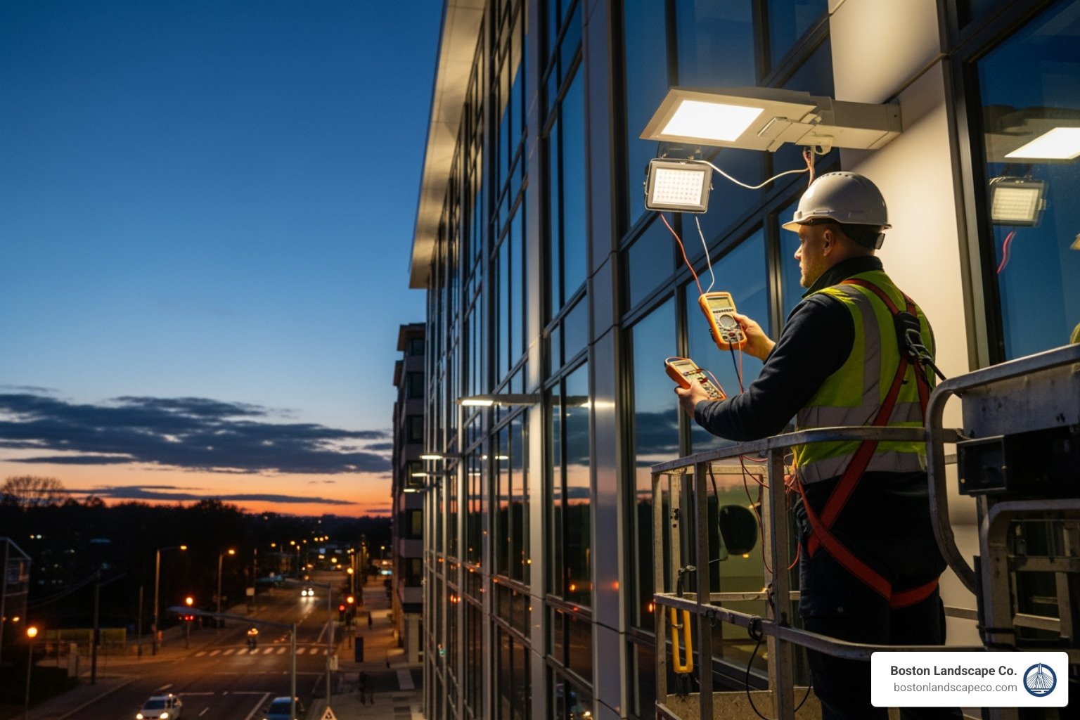 A technician performing a preventative check on an outdoor lighting fixture. - Commercial Property Maintenance