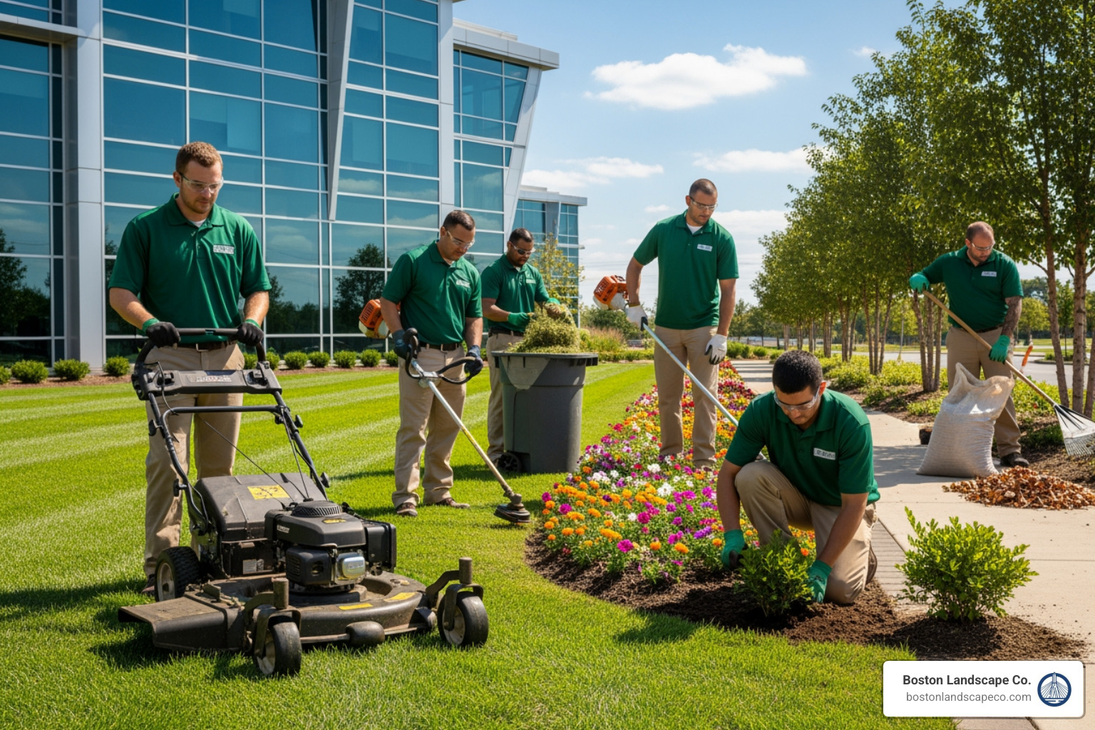 A team performing landscape maintenance on a commercial property. - Commercial Property Maintenance