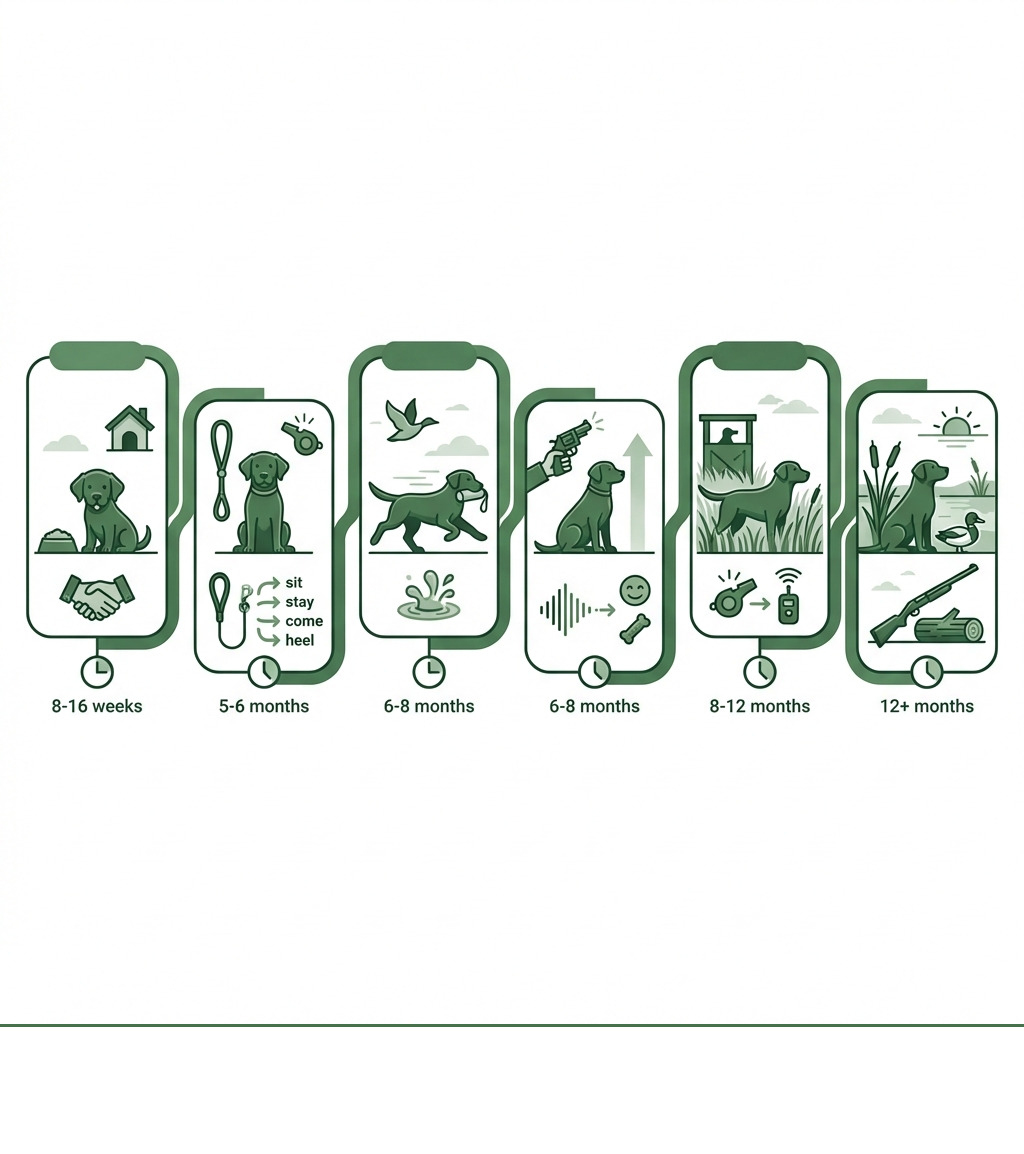 Infographic showing the 6 stages of Labrador retriever hunting training: Stage 1 Foundation at 8-16 weeks with basic obedience and socialization, Stage 2 Formal Obedience at 5-6 months with essential commands, Stage 3 Introduction to Retrieving at 6-8 months with dummies and birds, Stage 4 Gunfire Introduction at 6-8 months with gradual positive exposure, Stage 5 Advanced Field Work at 8-12 months with blind retrieves and whistle commands, Stage 6 Hunting Experience at 12 plus months with real-world scenarios - training labrador retrievers for hunting infographic Infographic showing the 6 stages of Labrador retriever hunting training: Stage 1 Foundation at 8-16 weeks with basic obedience and socialization, Stage 2 Formal Obedience at 5-6 months with essential commands, Stage 3 Introduction to Retrieving at 6-8 months with dummies and birds, Stage 4 Gunfire Introduction at 6-8 months with gradual positive exposure, Stage 5 Advanced Field Work at 8-12 months with blind retrieves and whistle commands, Stage 6 Hunting Experience at 12 plus months with real-world scenarios - training labrador retrievers for hunting infographic