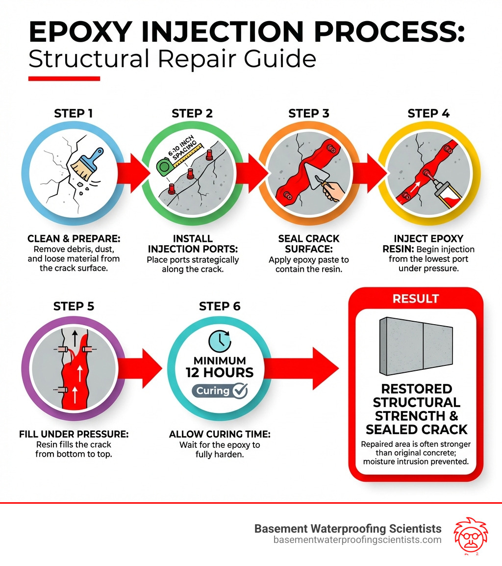 Infographic showing the epoxy injection process: Step 1 - Clean and prepare the crack surface; Step 2 - Install injection ports along the crack at 6-10 inch spacing; Step 3 - Seal the crack surface with epoxy paste; Step 4 - Inject low-viscosity epoxy resin starting from the lowest port; Step 5 - Resin fills the crack from bottom to top under pressure; Step 6 - Allow minimum 12 hours for curing; Result - Restored structural strength and sealed crack - epoxy injection infographic 