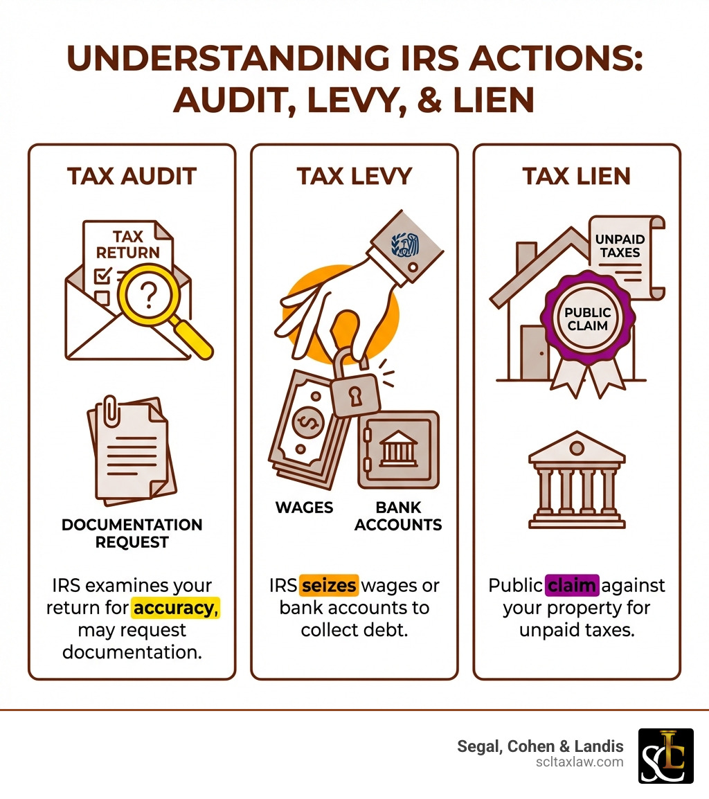 Infographic showing three columns: Tax Audit (IRS examines your return for accuracy, may request documentation), Tax Levy (IRS seizes wages or bank accounts to collect debt), and Tax Lien (Public claim against your property for unpaid taxes) - Tax lawyer Los Angeles infographic 