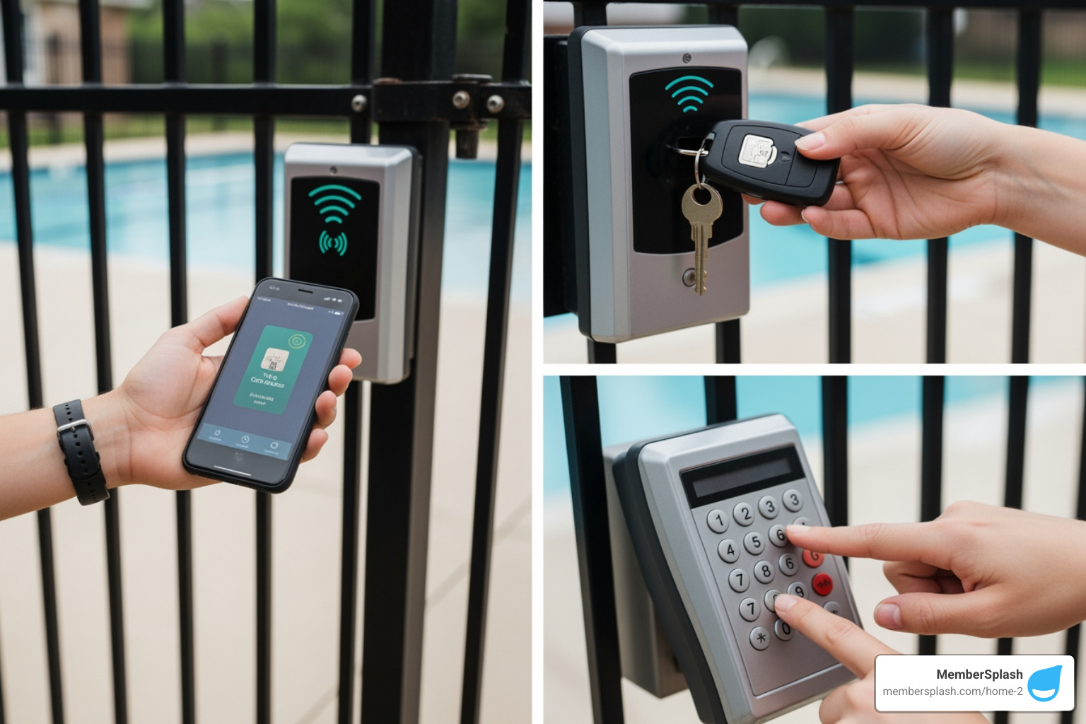 person using a mobile credential, a key fob, and a keypad to open a pool gate - Pool access control