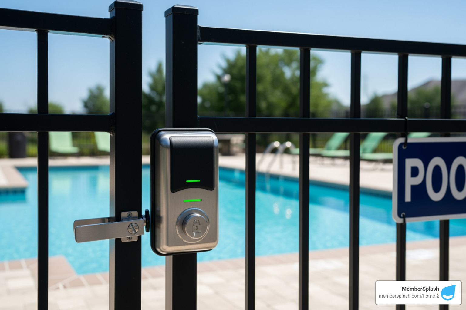 durable weatherproof electronic lock installed on an outdoor pool gate - Pool access control