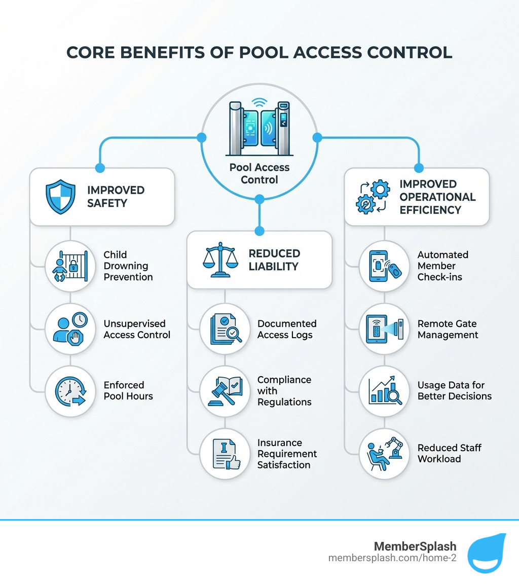 Infographic showing the core benefits of pool access control: Improved Safety (child drowning prevention, unsupervised access control, enforced pool hours), Reduced Liability (documented access logs, compliance with regulations, insurance requirement satisfaction), and Improved Operational Efficiency (automated member check-ins, remote gate management, usage data for better decisions, reduced staff workload) - Pool access control infographic 