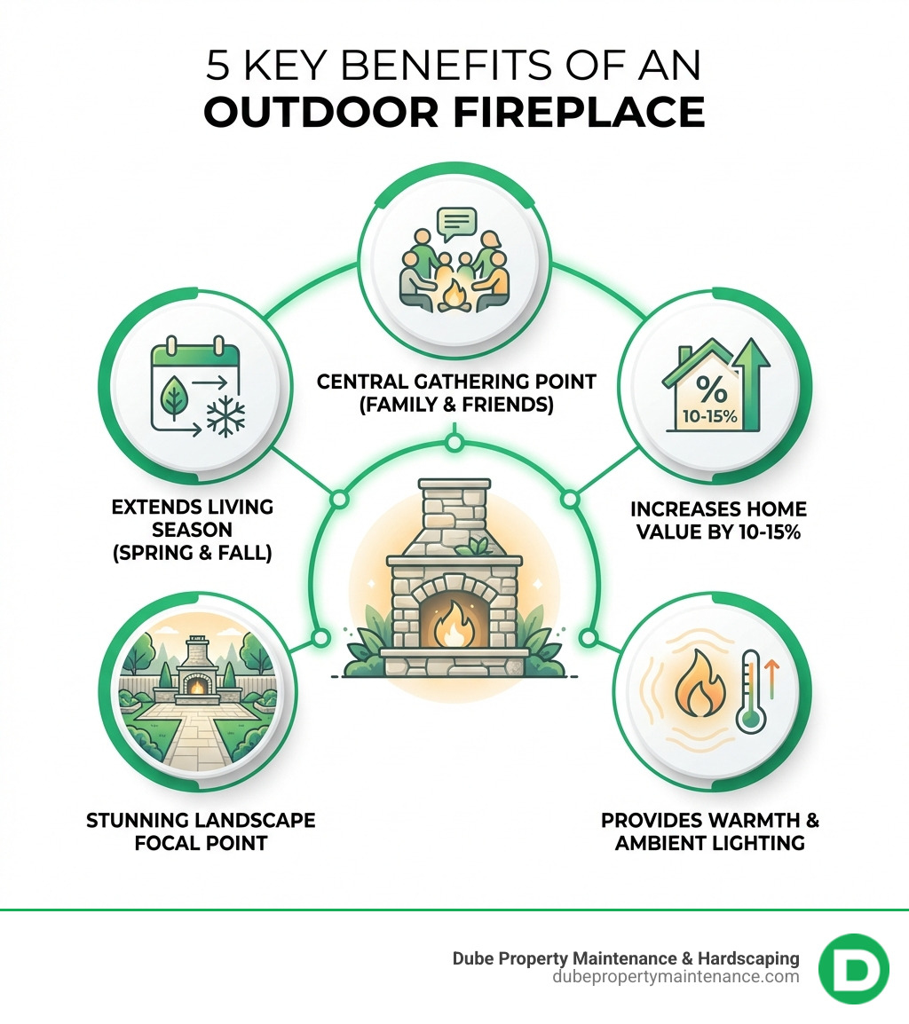 infographic showing five key benefits of outdoor fireplaces: extends outdoor living season into spring and fall, creates a central gathering point for family and friends, increases home resale value by 10-15 percent, provides both warmth and ambient lighting, and serves as a stunning focal point for landscape design - Outdoor Fireplace infographic 
