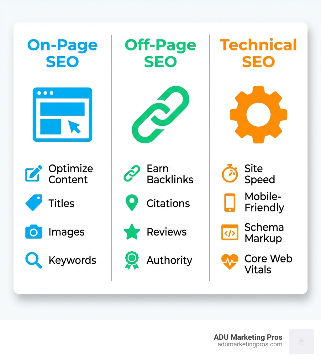 Infographic showing three vertical columns: "On-Page SEO" (with webpage icon and text: optimize content, titles, images, keywords), "Off-Page SEO" (with link icon and text: earn backlinks, citations, reviews, authority), and "Technical SEO" (with gear icon and text: site speed, mobile-friendly, schema markup, Core Web Vitals) - architects seo infographic 