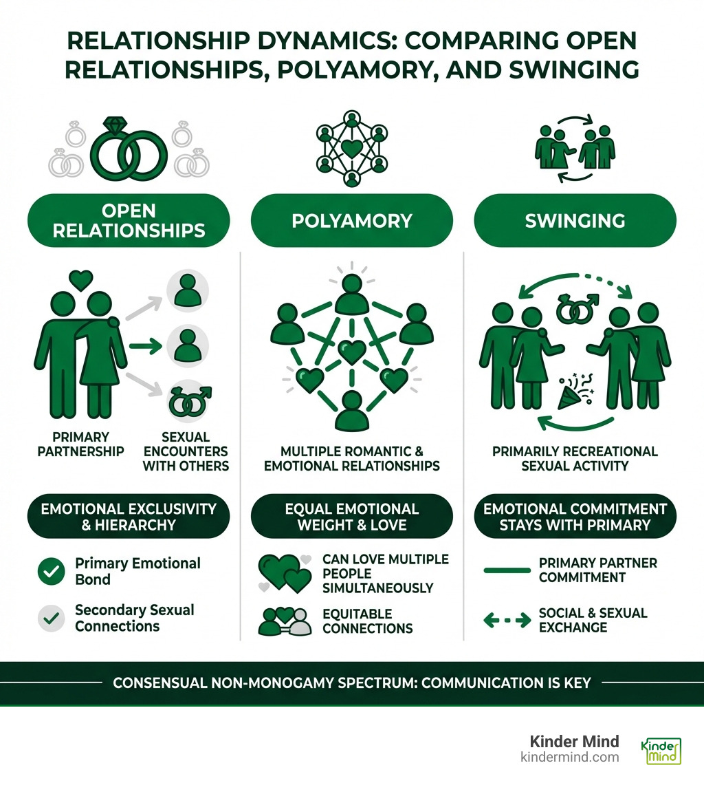 Infographic showing three columns comparing Open Relationships, Polyamory, and Swinging. Open Relationships: Maintains primary partnership with emotional exclusivity, allows sexual encounters with others, clear hierarchy between partners. Polyamory: Multiple romantic and emotional relationships, equal emotional weight across partners, can love multiple people simultaneously. Swinging: Primarily recreational sexual activity, often with other couples, emotional commitment stays with primary partner only. - open relationship communication infographic 