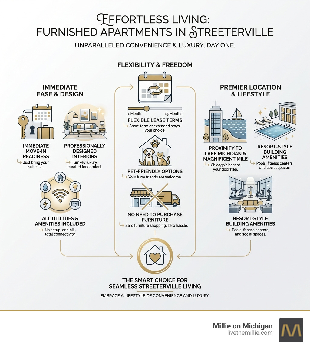 infographic showing benefits of furnished apartments in Streeterville including immediate move-in readiness, professionally designed interiors, all utilities and amenities included, flexible lease terms from 1 month to 15 months, proximity to Lake Michigan and Magnificent Mile, resort-style building amenities like pools and fitness centers, and pet-friendly options with no need to purchase furniture - furnished apartments streeterville infographic 