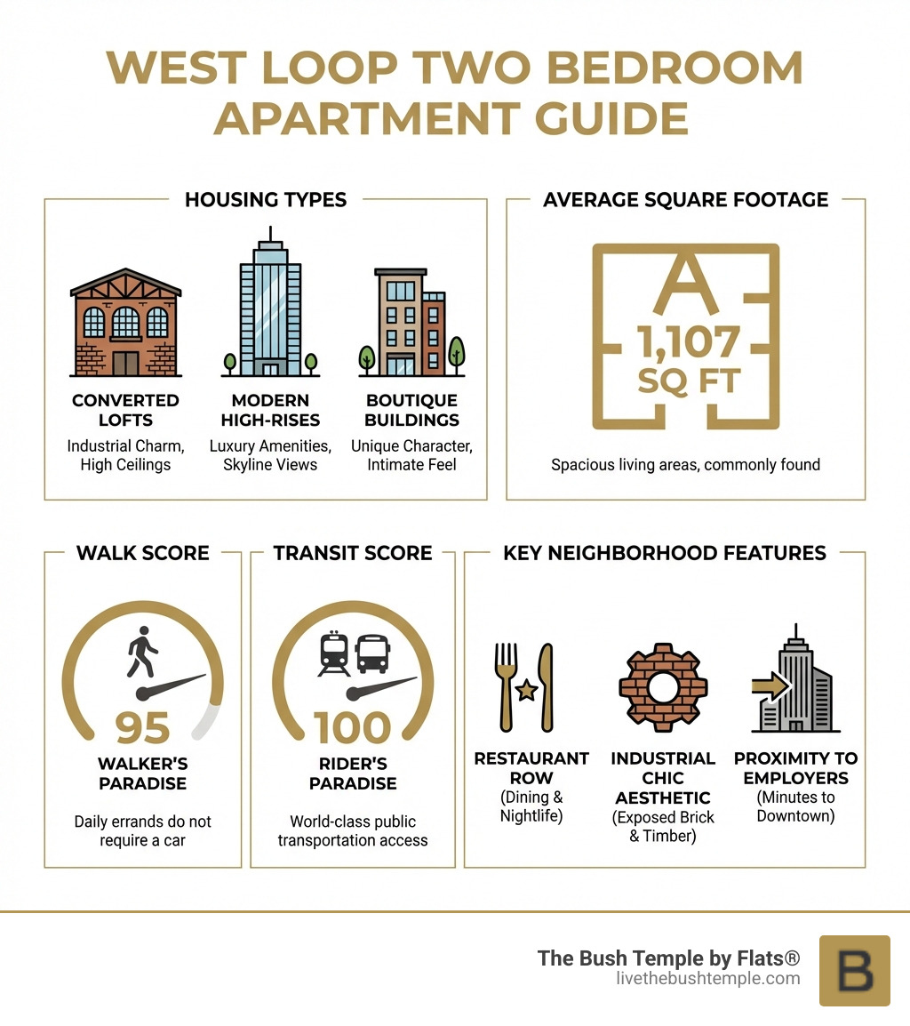 West Loop Two Bedroom Apartment Guide showing housing types, average square footage, walk score, transit score, and key neighborhood features - west loop two bedroom apartments infographic 