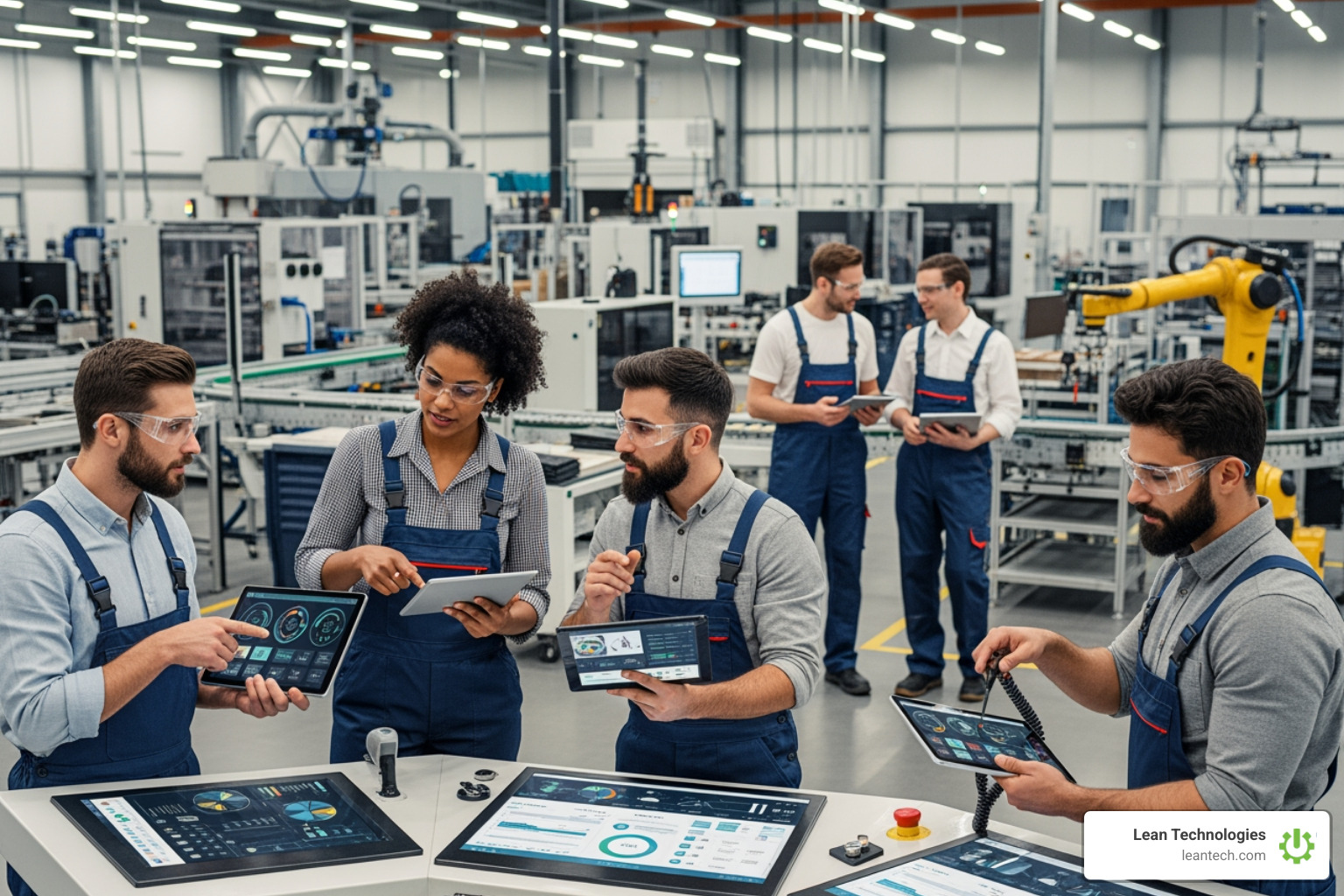Team using tablets on the shop floor - continuous improvement tools in quality management Team using tablets on the shop floor - continuous improvement tools in quality management