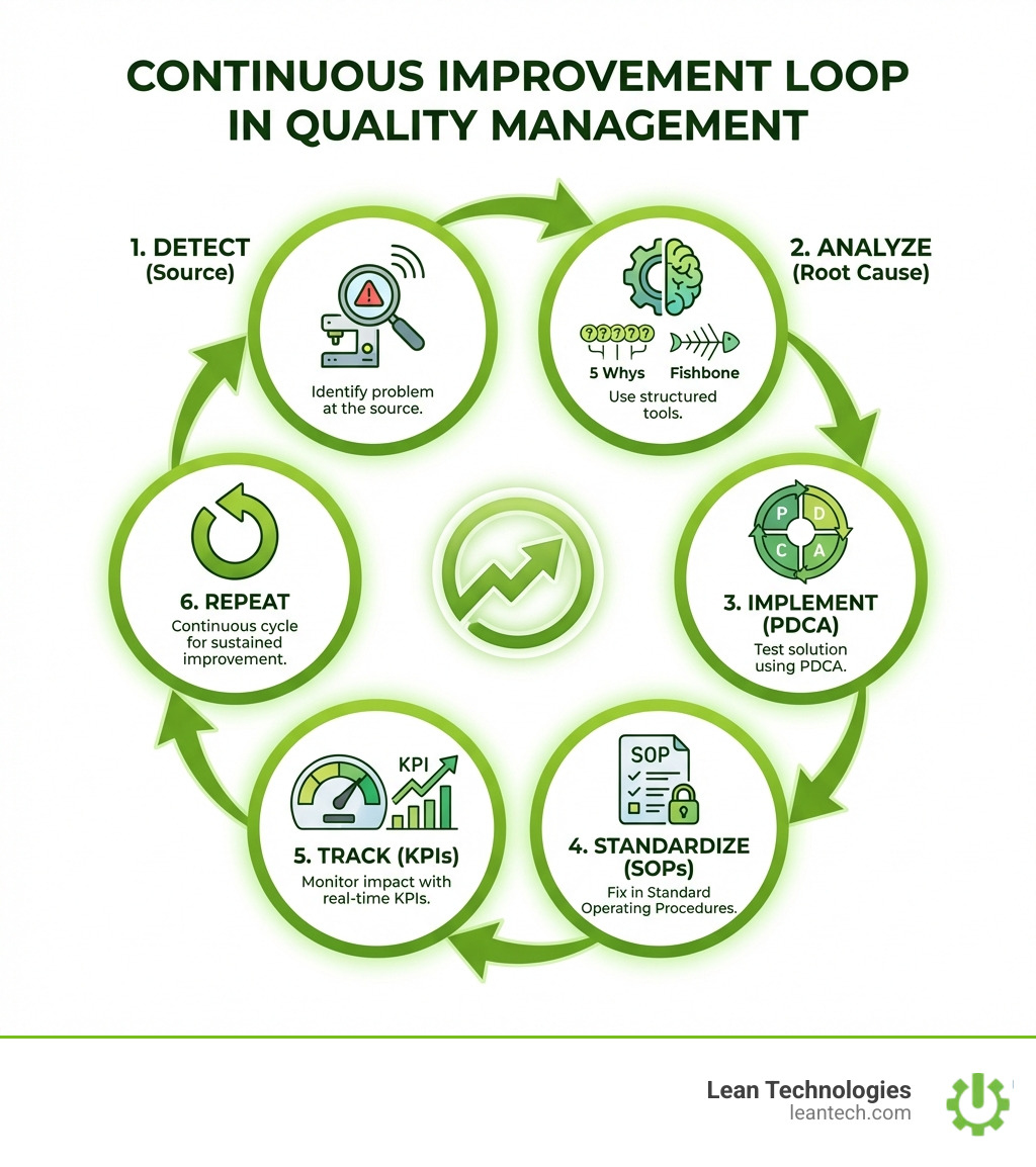 Infographic showing the continuous improvement loop: detect problem at the source, analyze root cause with structured tools, implement and test solution using PDCA, standardize the fix in SOPs, track impact with real-time KPIs, and repeat - continuous improvement tools in quality management infographic Infographic showing the continuous improvement loop: detect problem at the source, analyze root cause with structured tools, implement and test solution using PDCA, standardize the fix in SOPs, track impact with real-time KPIs, and repeat - continuous improvement tools in quality management infographic