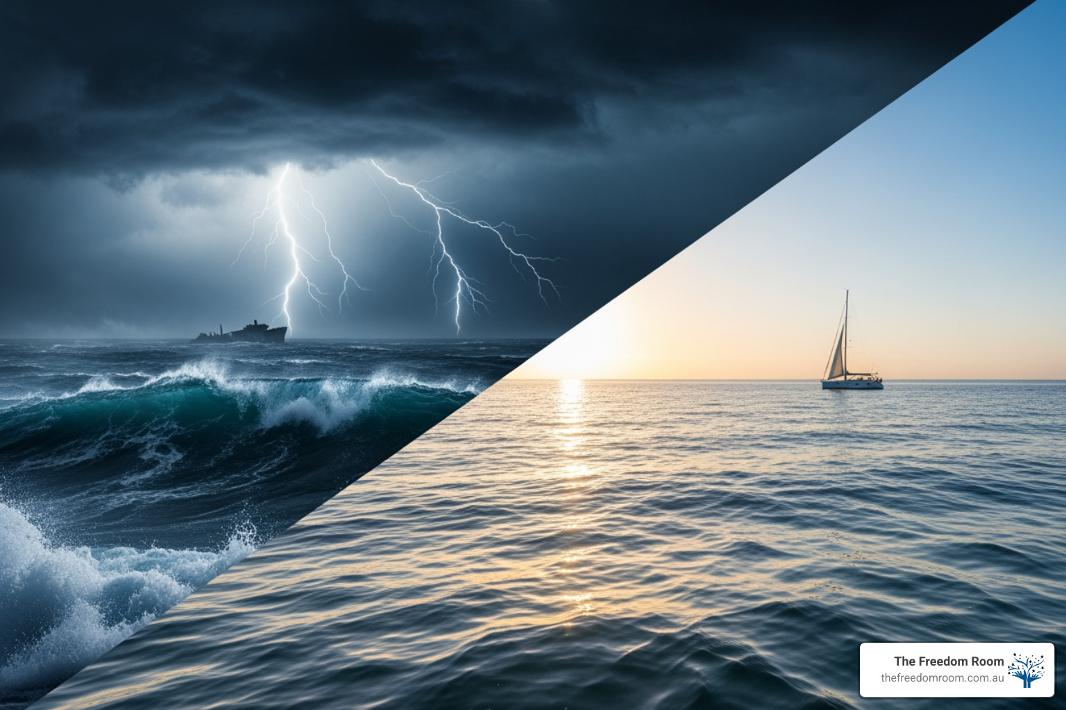 Image of a stormy sea turning into a calm one, symbolising the journey through complicated grief - grief and alcohol counseling