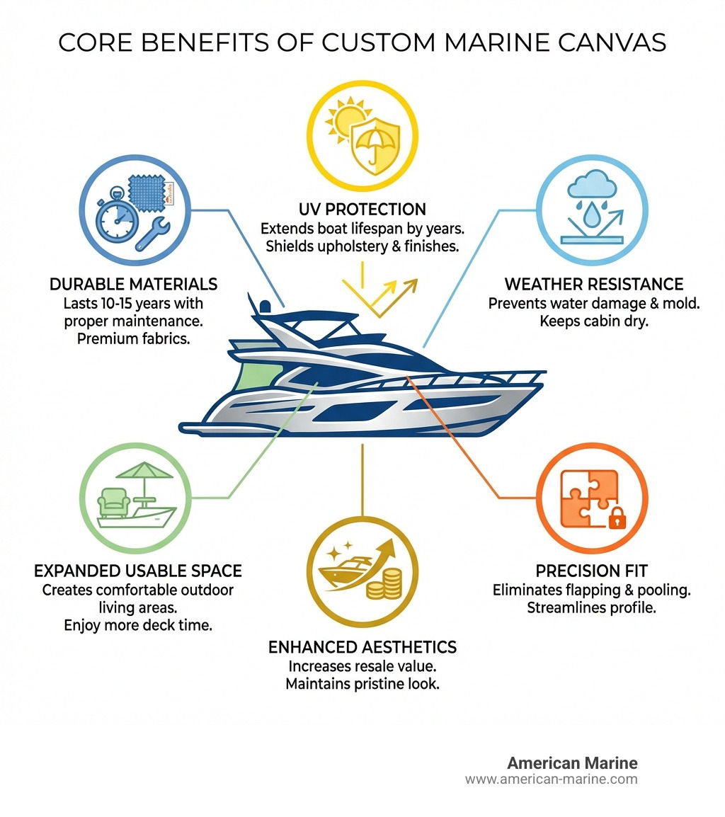 infographic showing the core benefits of custom marine canvas: UV protection extending boat lifespan by years, weather resistance preventing water damage and mold, precision fit eliminating flapping and pooling, enhanced aesthetics increasing resale value, expanded usable space creating comfortable outdoor living areas, and durable materials like Sunbrella lasting 10-15 years with proper maintenance - custom marine canvas infographic 