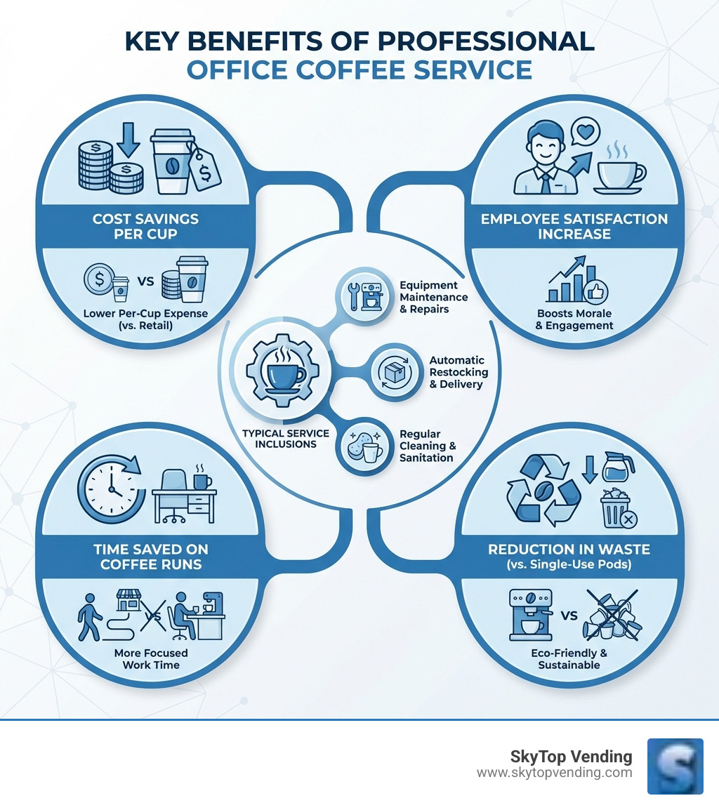 infographic showing the key benefits of professional office coffee service including cost savings per cup, employee satisfaction increase, time saved on coffee runs, reduction in waste from single-use pods, and typical service inclusions like equipment maintenance, automatic restocking, and cleaning - Corporate coffee delivery infographic infographic showing the key benefits of professional office coffee service including cost savings per cup, employee satisfaction increase, time saved on coffee runs, reduction in waste from single-use pods, and typical service inclusions like equipment maintenance, automatic restocking, and cleaning - Corporate coffee delivery infographic