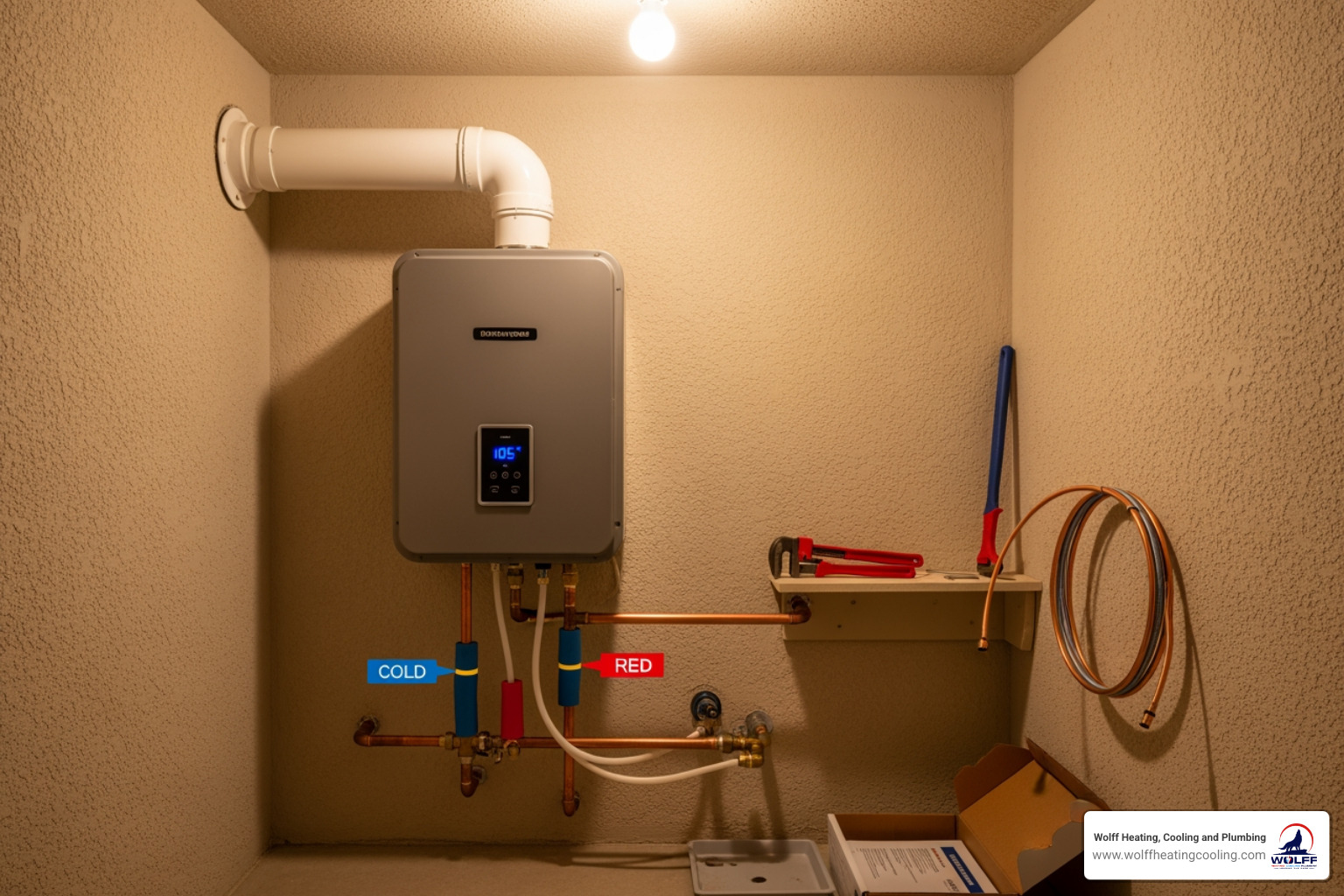Infographic comparing tankless water heater on-demand heating process with traditional tank storage model, showing energy efficiency differences and how tankless units heat water only when needed versus constantly maintaining a hot water reserve - residential tankless water heater installation in albuquerque, nm
