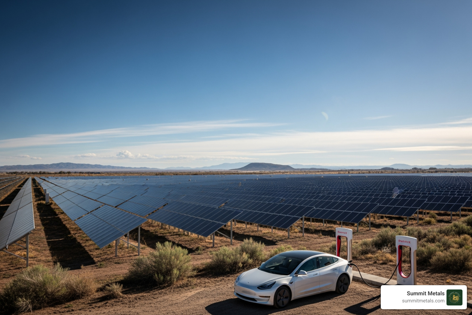 Image of a solar panel farm and an electric vehicle charging - Invest in silver online Image of a solar panel farm and an electric vehicle charging - Invest in silver online