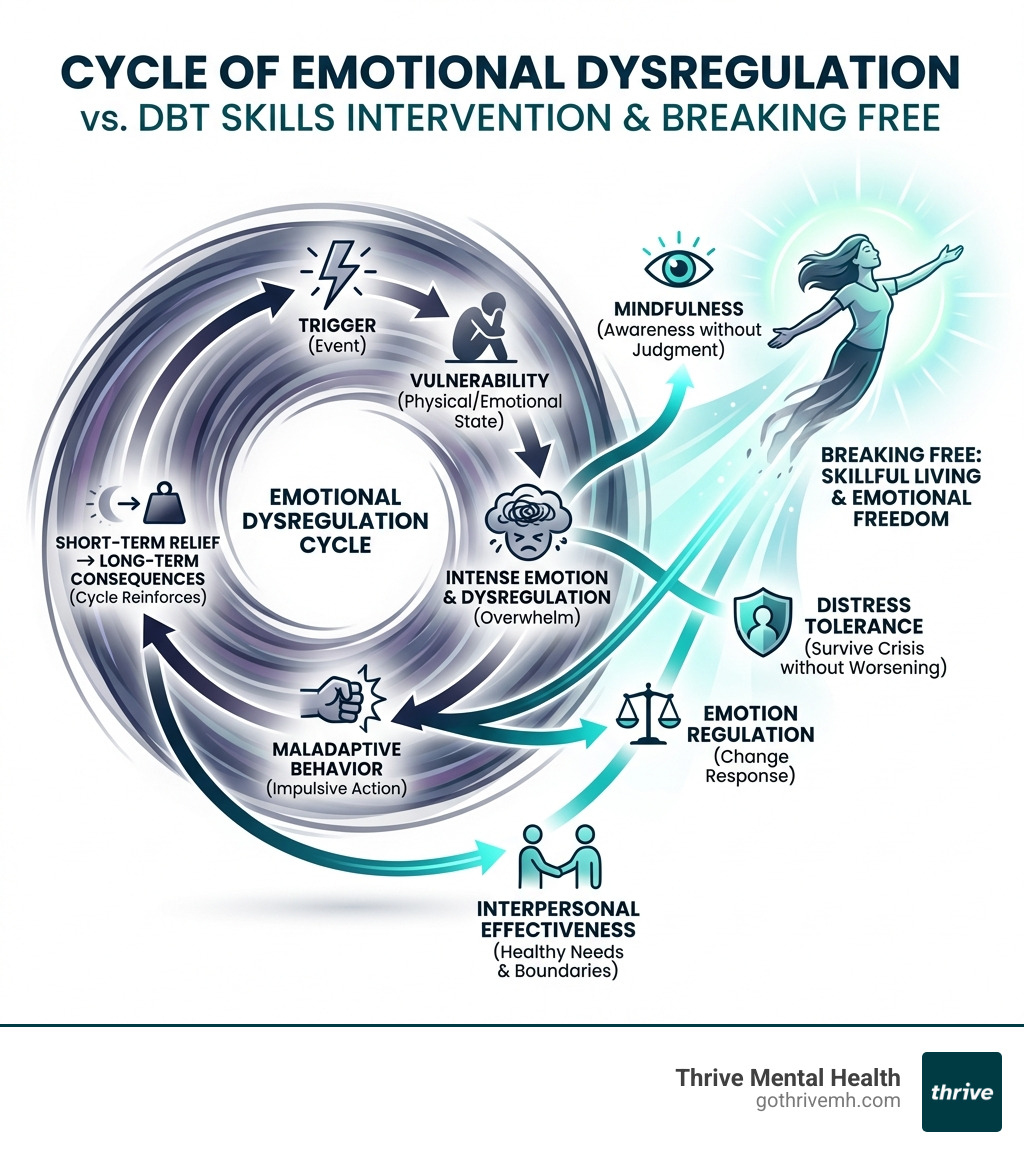 infographic explaining the cycle of emotional dysregulation and how DBT skills intervene at each stage, depicting a person breaking free from overwhelming emotions - dbt workbook infographic 