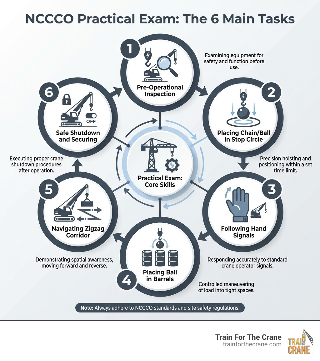 Infographic showing the 6 main tasks of the NCCCO practical exam: 1. Pre-Operational Inspection - examining equipment for safety, 2. Placing Chain/Ball in Stop Circle - precision hoisting and positioning within time limit, 3. Following Hand Signals - responding accurately to standard crane signals, 4. Placing Ball in Barrels - controlled maneuvering into tight spaces, 5. Navigating Zigzag Corridor - spatial awareness with test weight forward and reverse, 6. Safe Shutdown and Securing - proper crane shutdown procedures - nccco practical exam infographic 