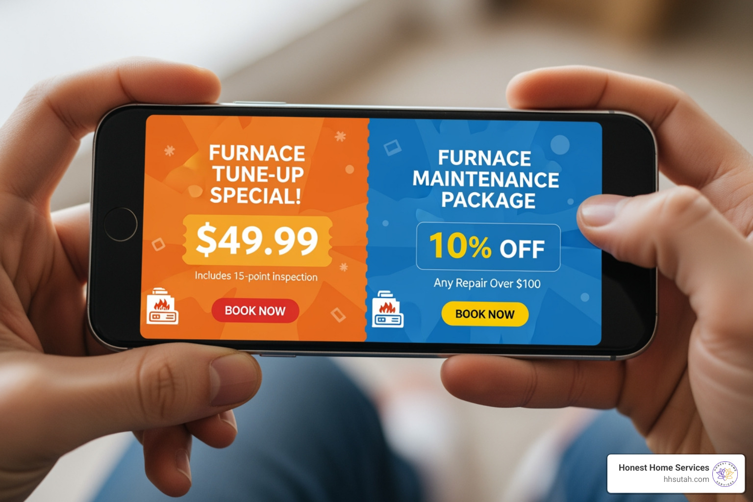 person comparing two different furnace service coupons on a smartphone - furnace repair coupons person comparing two different furnace service coupons on a smartphone - furnace repair coupons