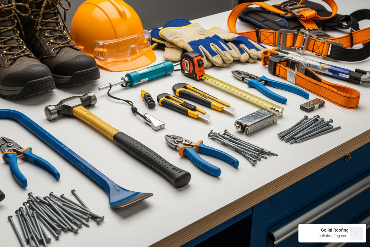 Roofing tools and safety gear laid out - shingle roof installation steps Roofing tools and safety gear laid out - shingle roof installation steps