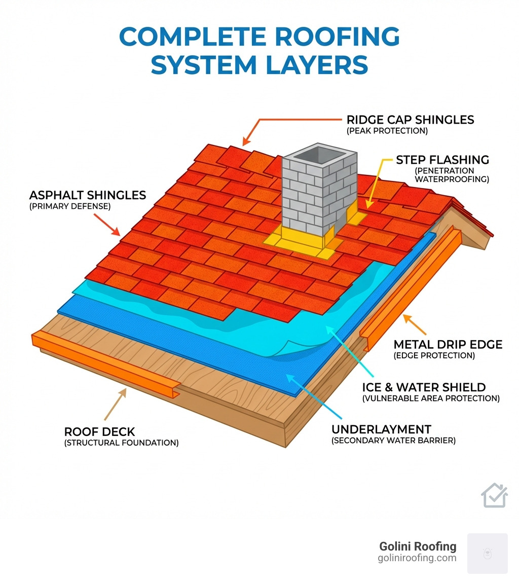 Infographic showing the complete roofing system layers: roof deck at base, then underlayment layer, ice and water shield at vulnerable areas, asphalt shingles as primary defense, metal drip edge at edges, step flashing around penetrations, and ridge cap shingles at the peak - shingle roof installation steps infographic Infographic showing the complete roofing system layers: roof deck at base, then underlayment layer, ice and water shield at vulnerable areas, asphalt shingles as primary defense, metal drip edge at edges, step flashing around penetrations, and ridge cap shingles at the peak - shingle roof installation steps infographic