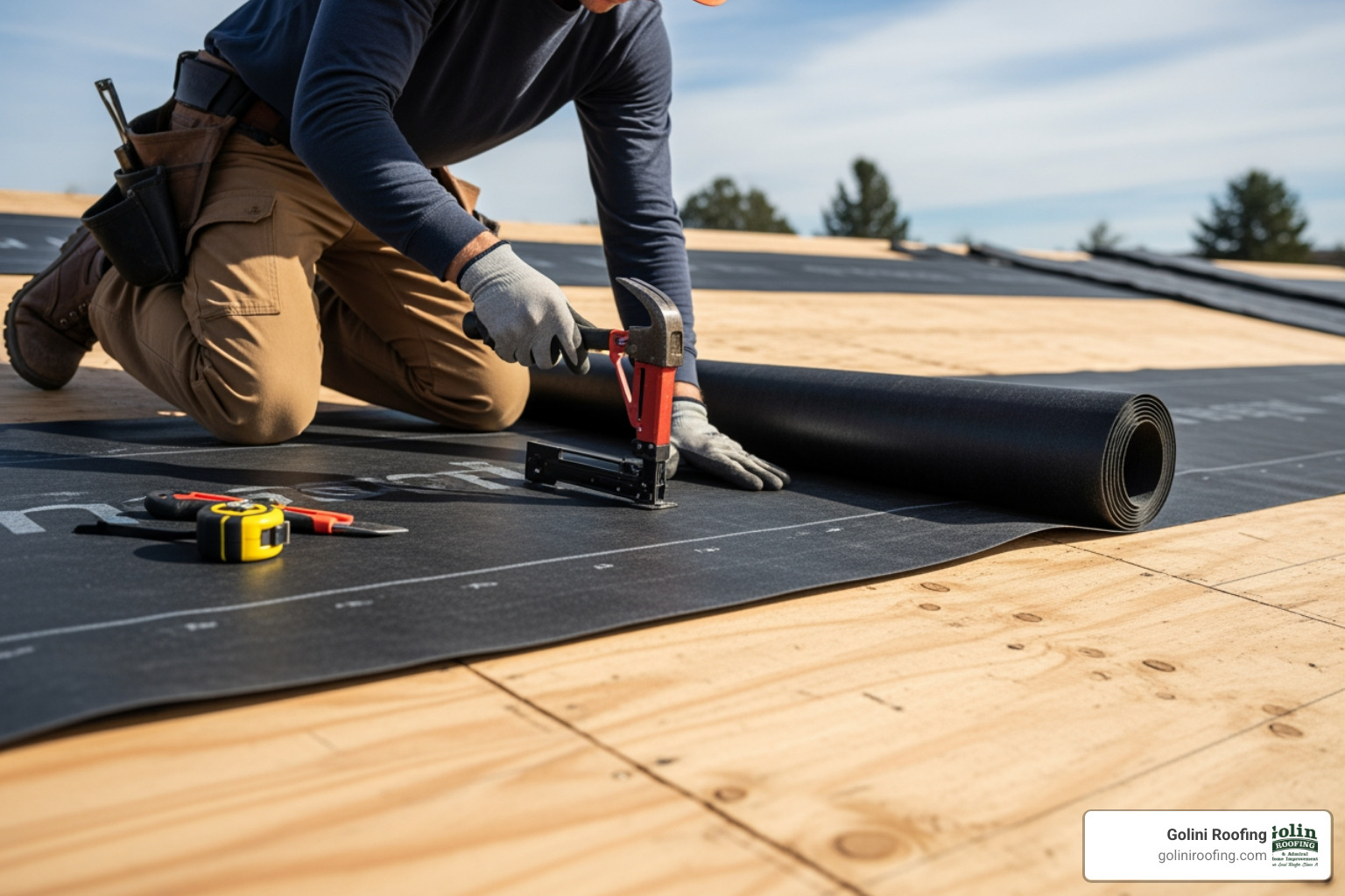 Roofer installing underlayment on a clean roof deck - shingle roof installation steps Roofer installing underlayment on a clean roof deck - shingle roof installation steps