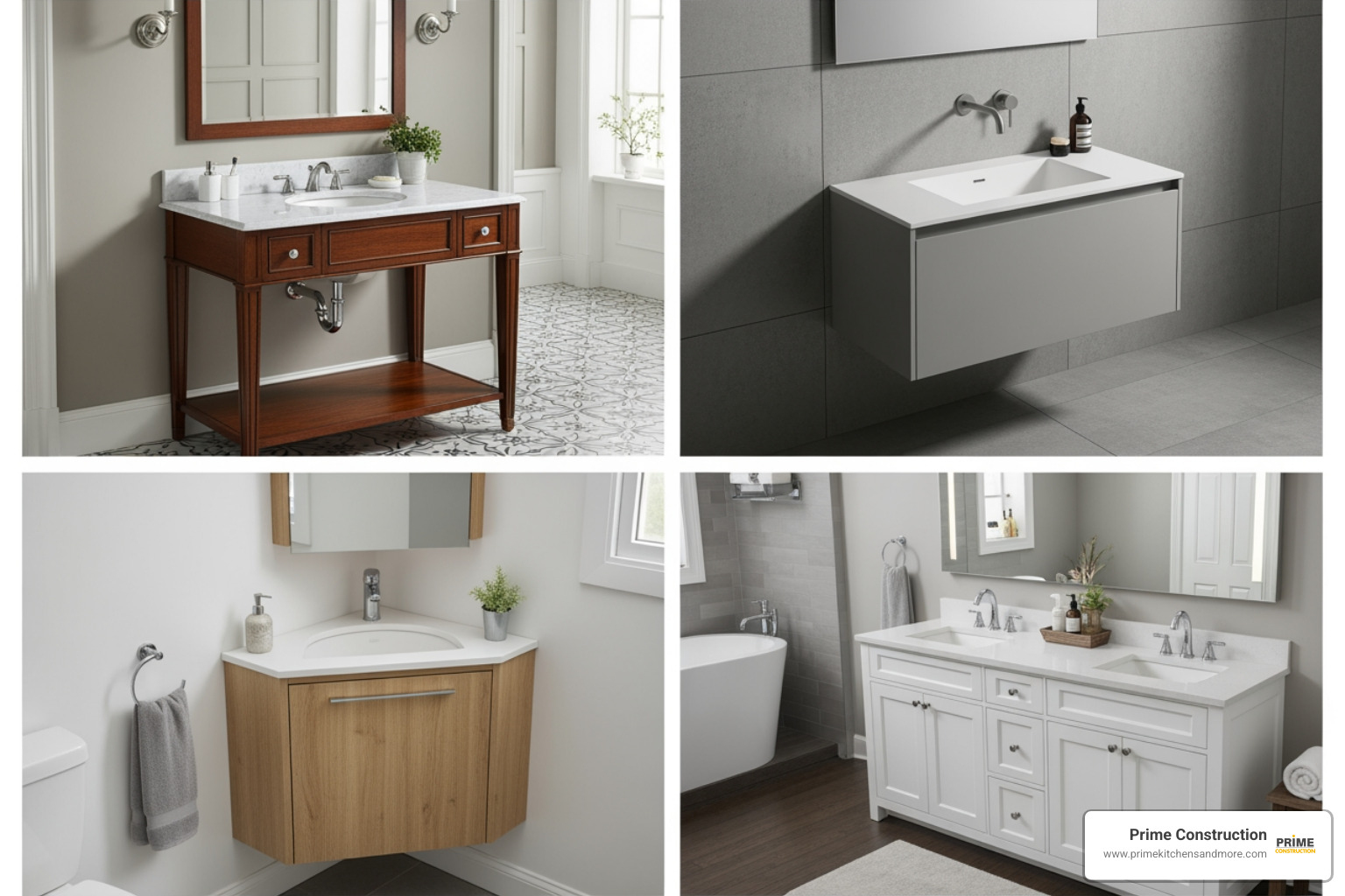 four different vanity types: freestanding, floating, corner, and double-sink - bathroom vanity installation