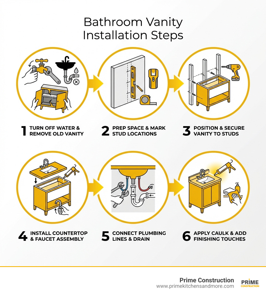 infographic showing the 6 main steps of bathroom vanity installation: 1) Turn off water and remove old vanity, 2) Prep space and mark stud locations, 3) Position new vanity and secure to wall studs, 4) Install countertop and faucet assembly, 5) Connect plumbing lines and drain, 6) Apply caulk and add finishing touches - bathroom vanity installation infographic 