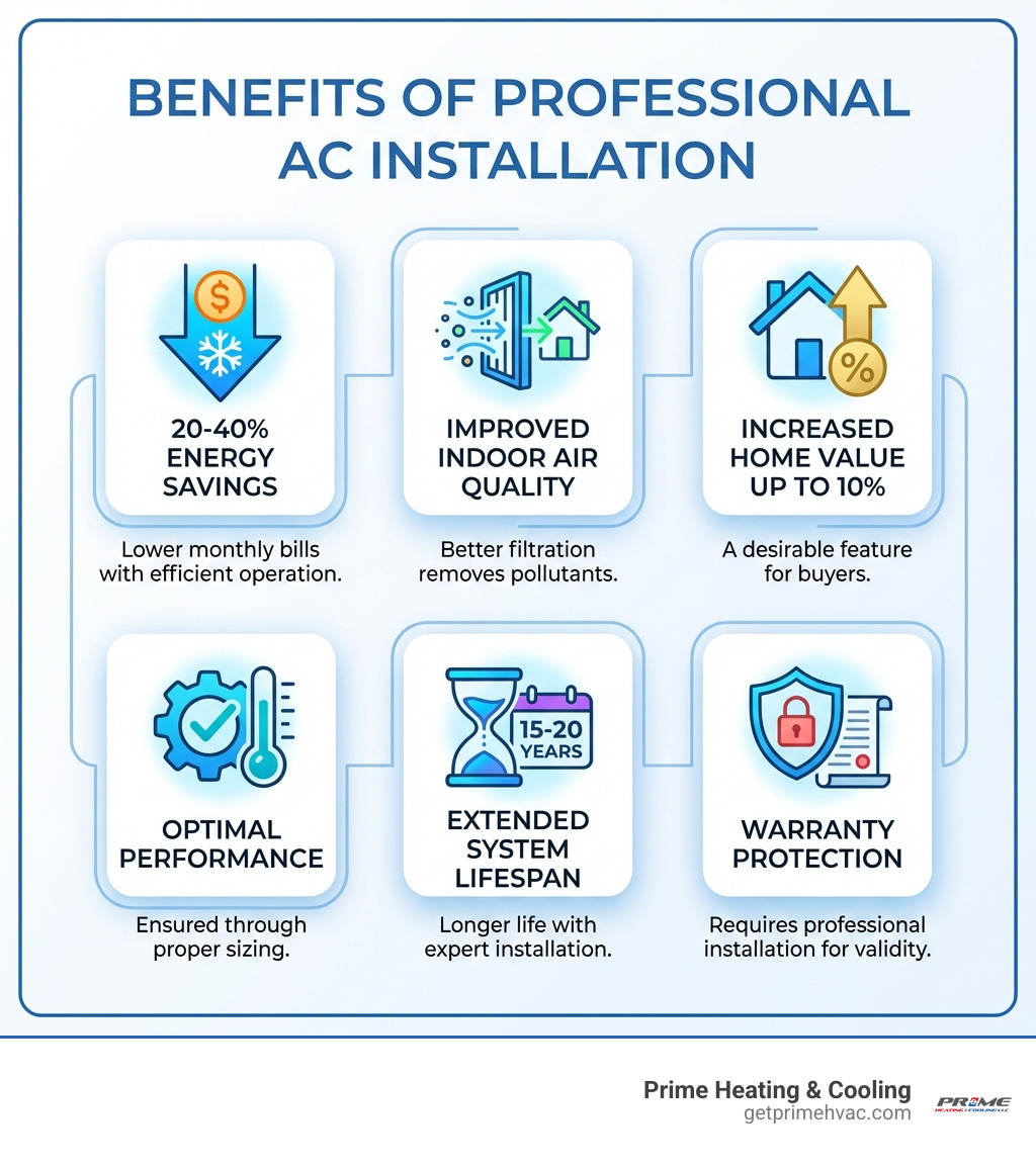 Infographic showing benefits of professional AC installation including 20-40% energy savings, improved indoor air quality with better filtration, increased home value up to 10%, optimal performance through proper sizing, extended system lifespan of 15-20 years with professional installation, and warranty protection that requires professional installation - AC installation Quincy MA infographic 