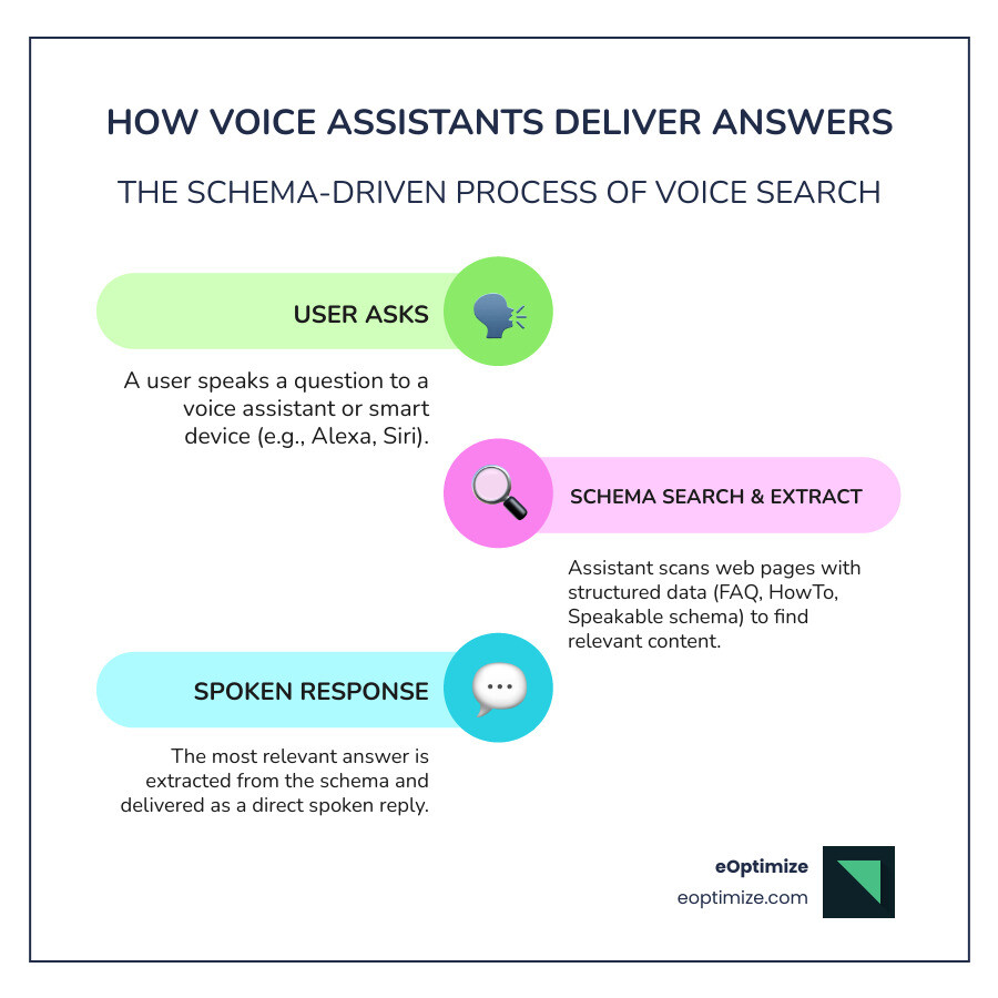 Infographic showing how voice assistants process user questions by searching the web for pages with structured data markup (schema), extracting the most relevant answer from FAQ, HowTo, or Speakable schema, and delivering that answer as a spoken response to the user - Voice search schema infographic infographic-line-3-steps-colors Infographic showing how voice assistants process user questions by searching the web for pages with structured data markup (schema), extracting the most relevant answer from FAQ, HowTo, or Speakable schema, and delivering that answer as a spoken response to the user - Voice search schema infographic infographic-line-3-steps-colors