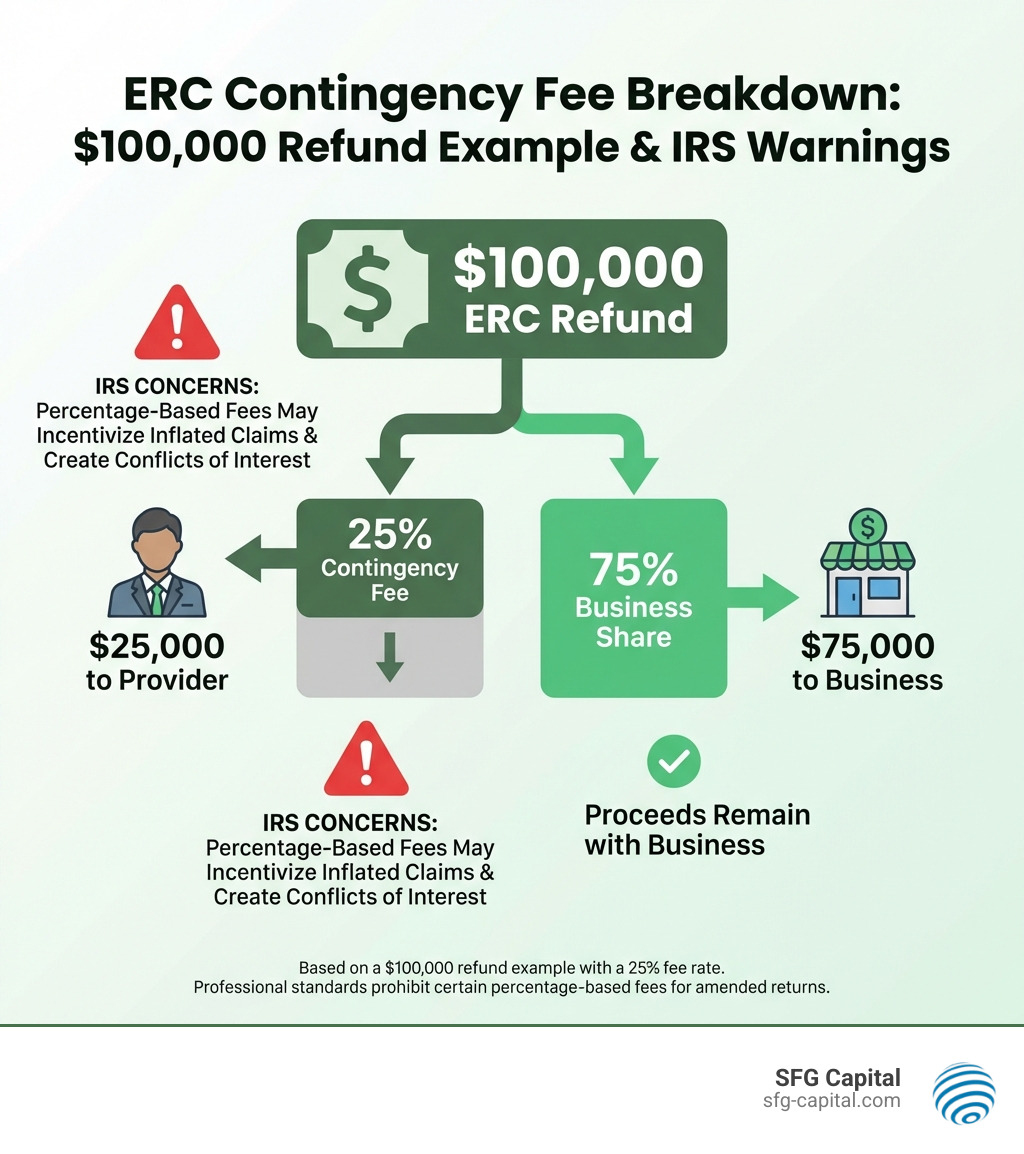 Infographic showing ERC contingency fee breakdown: $100,000 ERC refund with 25% fee equals $25,000 to provider and $75,000 to business, with warning symbols indicating IRS concerns about percentage-based fees - ERC contingency fee infographic Infographic showing ERC contingency fee breakdown: $100,000 ERC refund with 25% fee equals $25,000 to provider and $75,000 to business, with warning symbols indicating IRS concerns about percentage-based fees - ERC contingency fee infographic