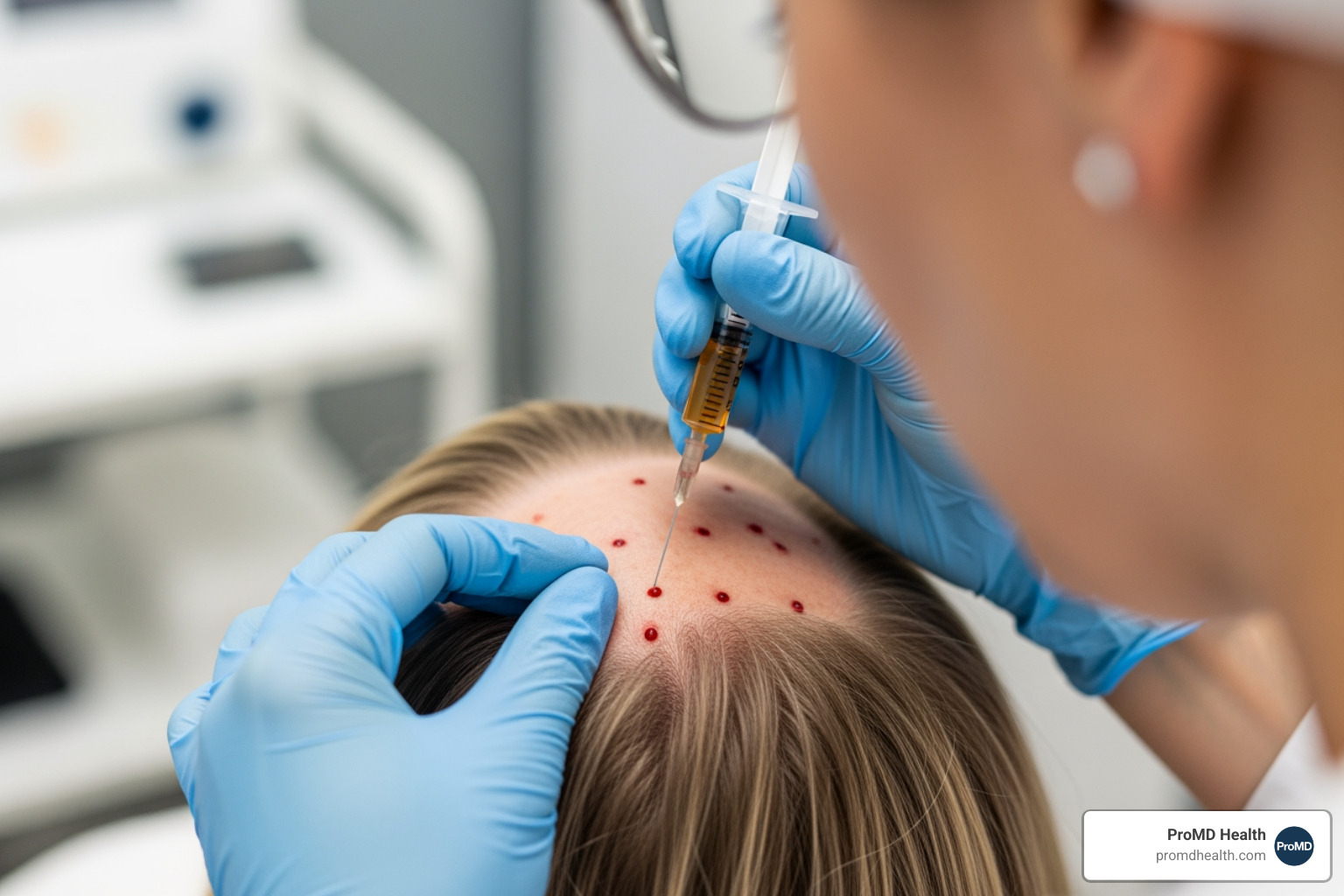 Faceless provider administering PRP scalp treatment - Hair restoration doctor Faceless provider administering PRP scalp treatment - Hair restoration doctor