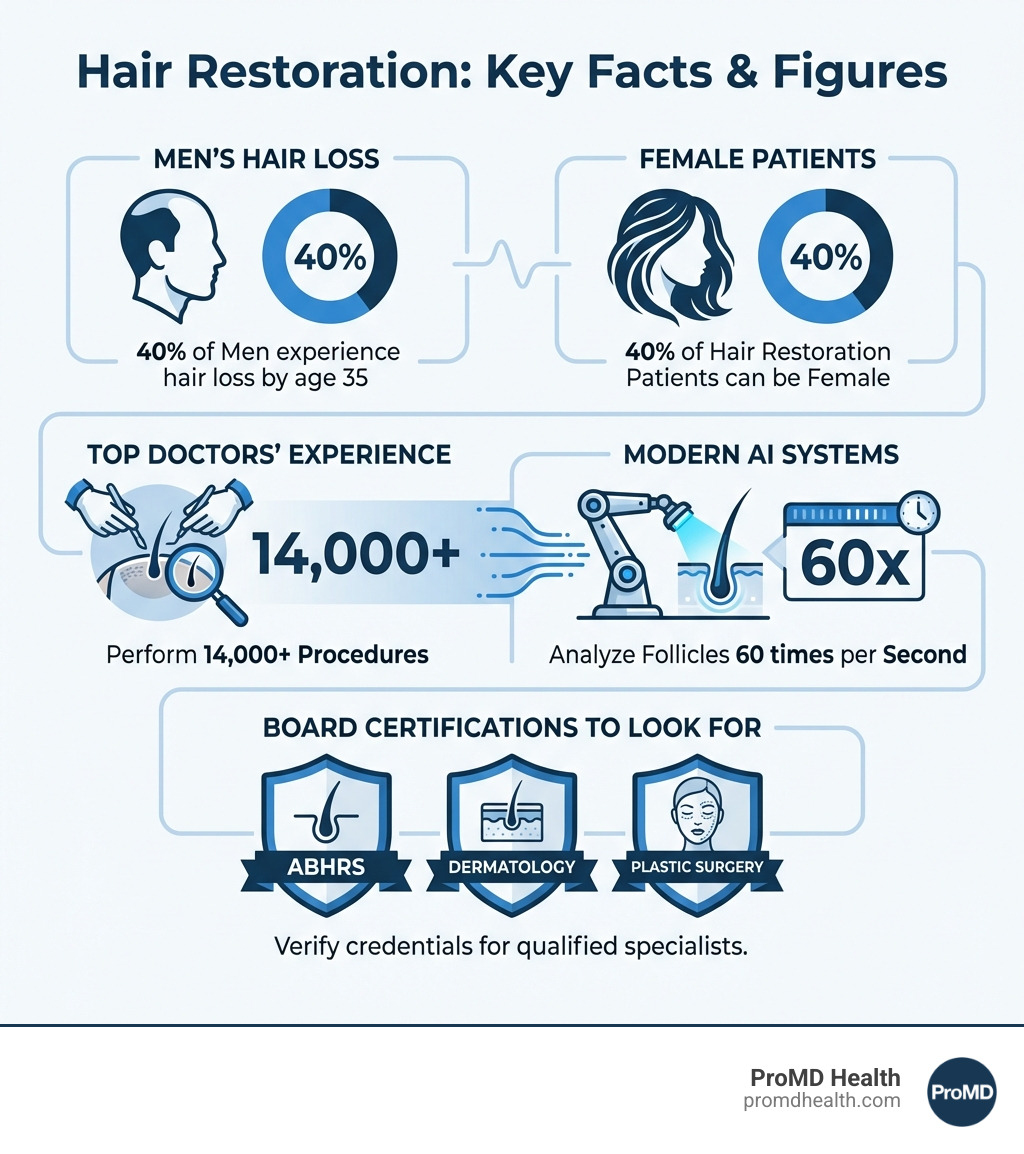 Infographic showing hair loss statistics: 40% of men experience hair loss by age 35, 40% of hair restoration patients can be female, top doctors perform 14,000+ procedures, modern AI systems analyze follicles 60 times per second, and board certifications to look for include ABHRS, dermatology, and plastic surgery - Hair restoration doctor infographic Infographic showing hair loss statistics: 40% of men experience hair loss by age 35, 40% of hair restoration patients can be female, top doctors perform 14,000+ procedures, modern AI systems analyze follicles 60 times per second, and board certifications to look for include ABHRS, dermatology, and plastic surgery - Hair restoration doctor infographic