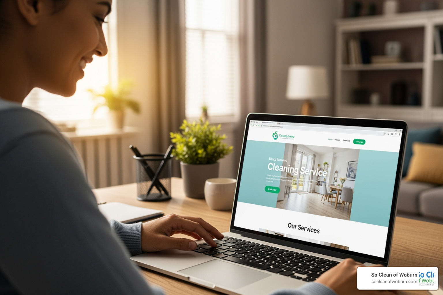 person smiling at laptop screen showing cleaning service website - bathroom deep cleaners near me