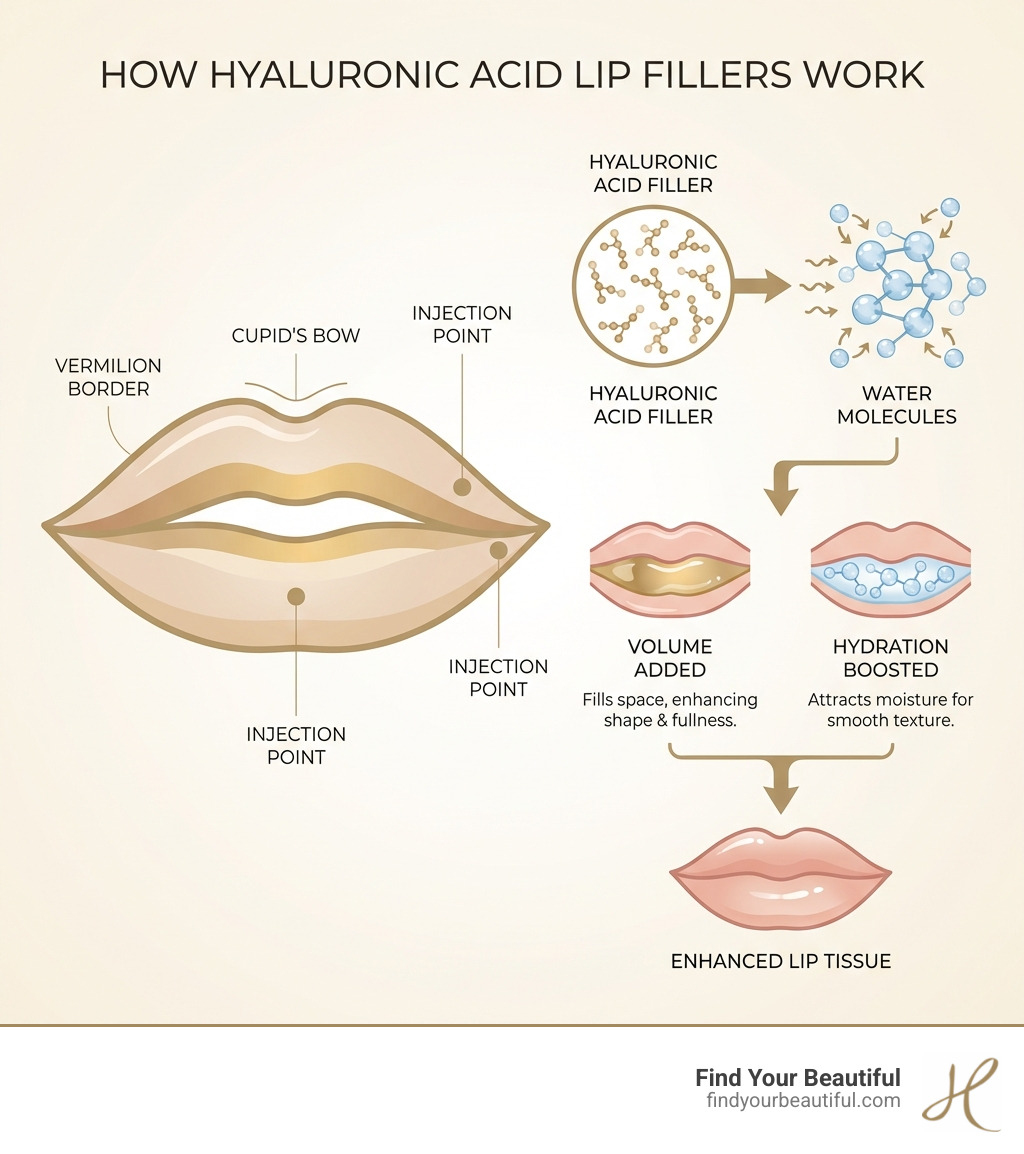 infographic showing how hyaluronic acid fillers work by attracting water molecules to add volume and hydration to lip tissue, with labeled diagrams of the vermilion border, Cupid's bow, and injection points - lip filler infographic 