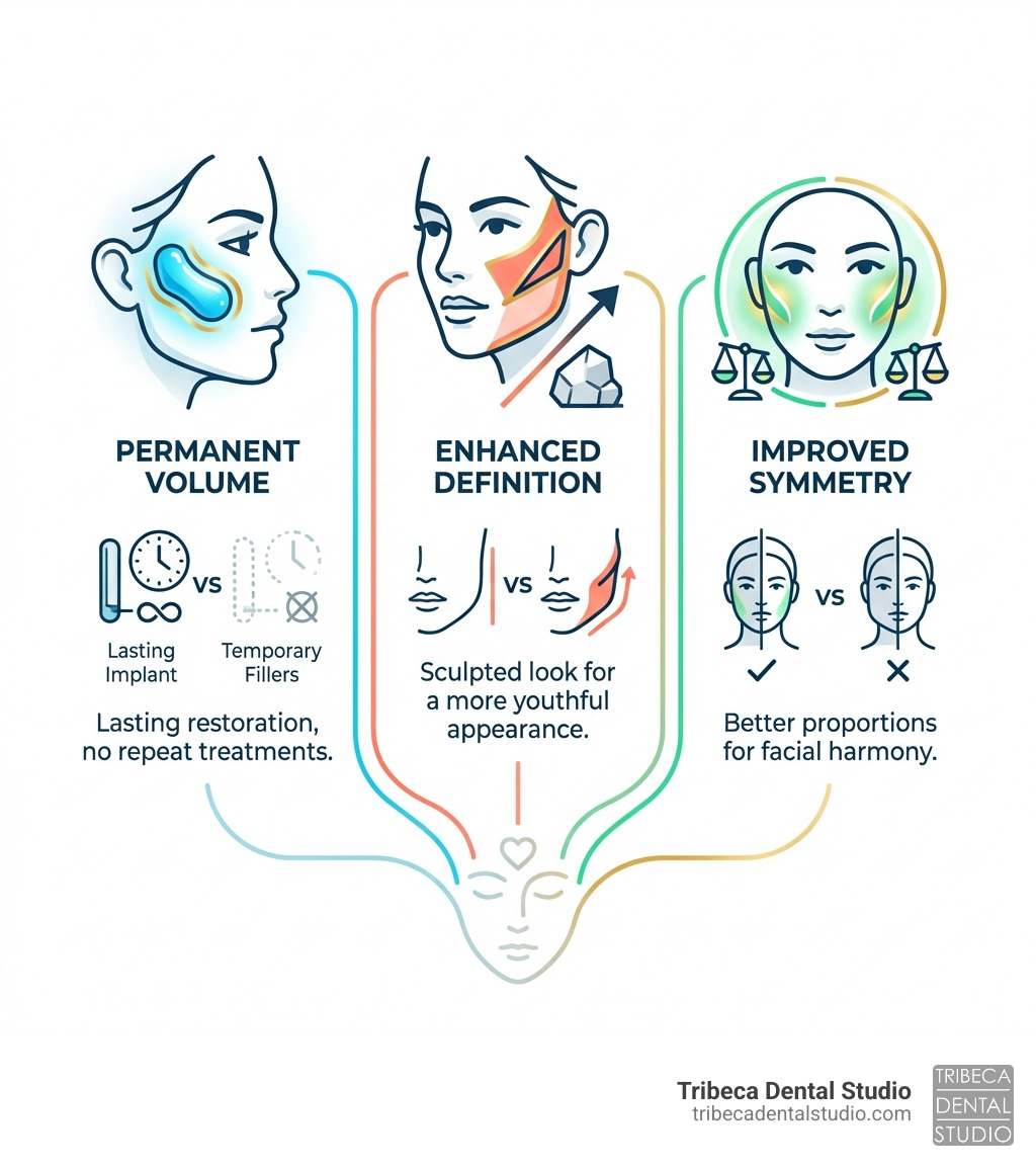 Infographic showing three key benefits of cheekbone implants: permanent facial volume restoration without repeat treatments, enhanced cheekbone definition for a more sculpted appearance, and improved facial symmetry for better proportions - cheekbone implants infographic 