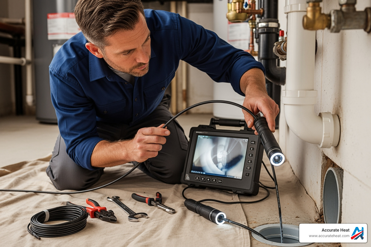 plumber using a video inspection camera - drain cleaning services