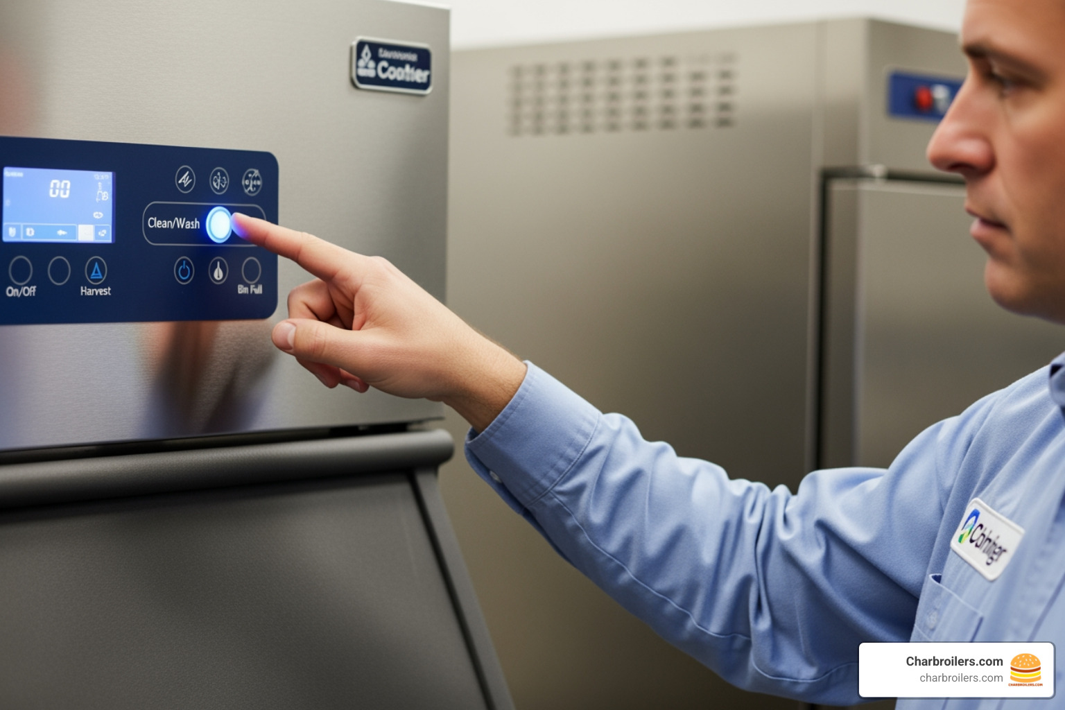 technician pointing to Clean/Wash button - commercial ice maker cleaning technician pointing to Clean/Wash button - commercial ice maker cleaning