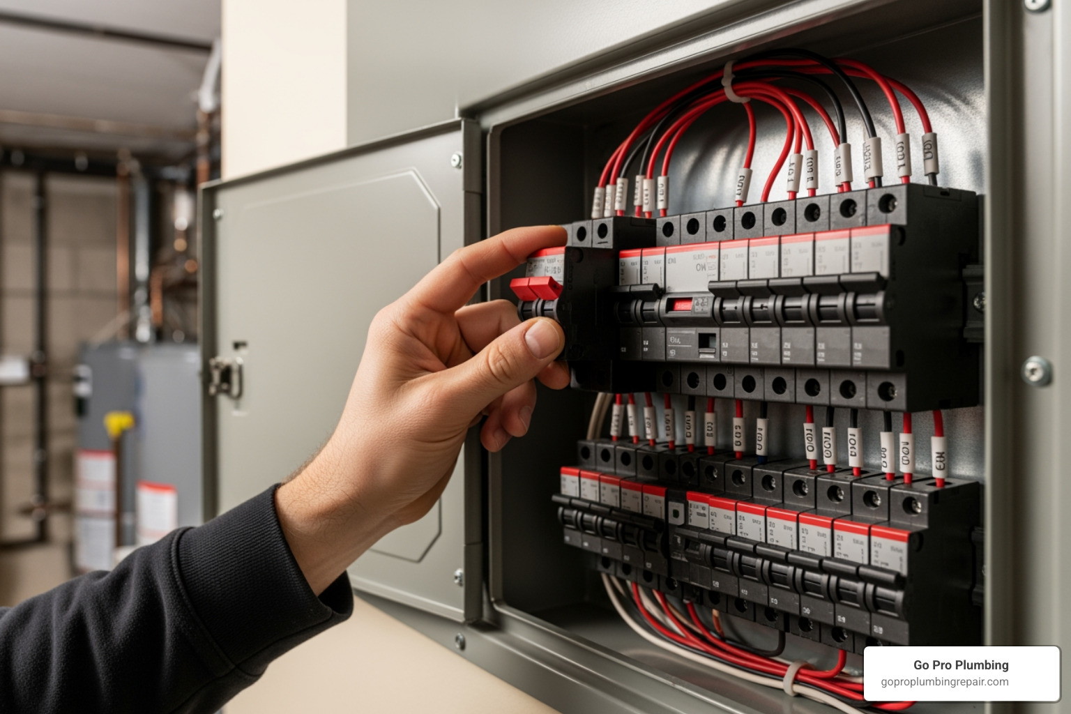 person turning off a circuit breaker - garbage disposal jammed